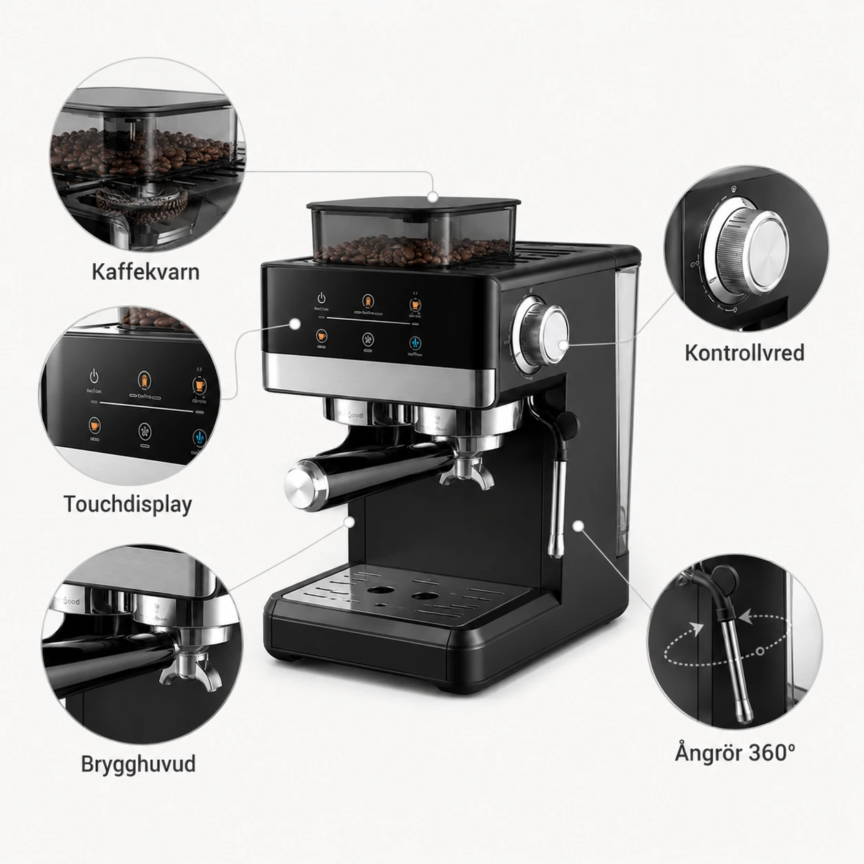 Espressomaskin med Kaffekvarn och Cold Brew 20 Bar