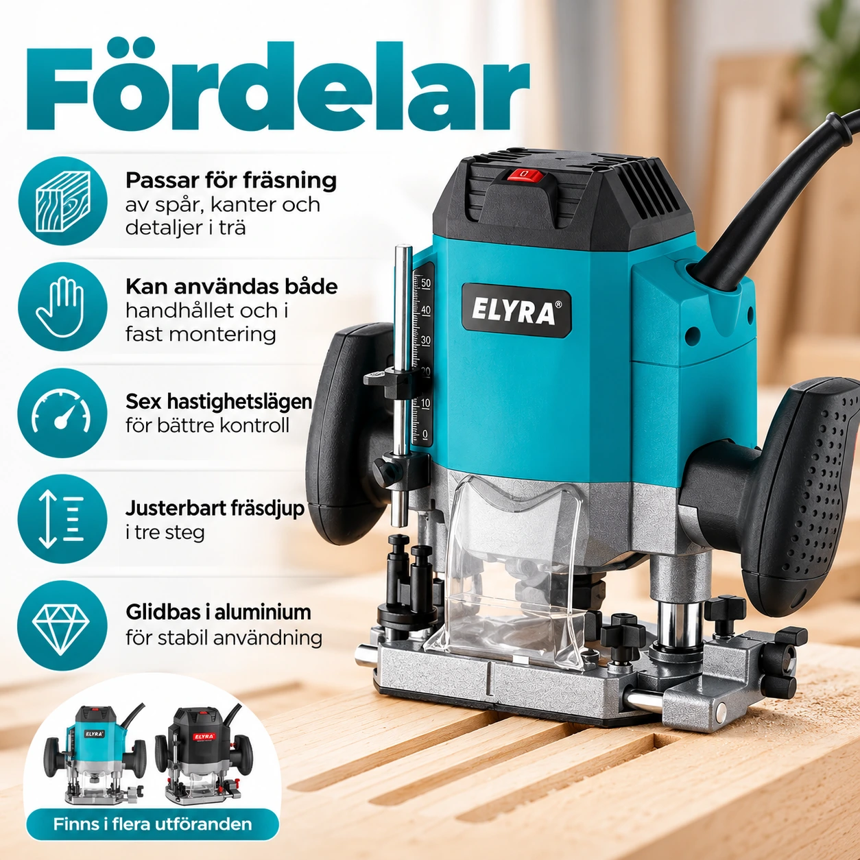 Överhandsfräs för trä med justerbart fräsdjup