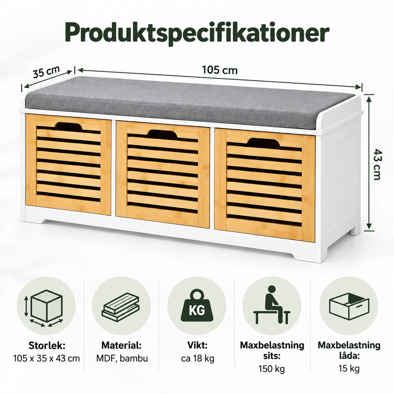 Skoskåp med sittbänk och 3 lådor, 105 x 35 x 43 cm