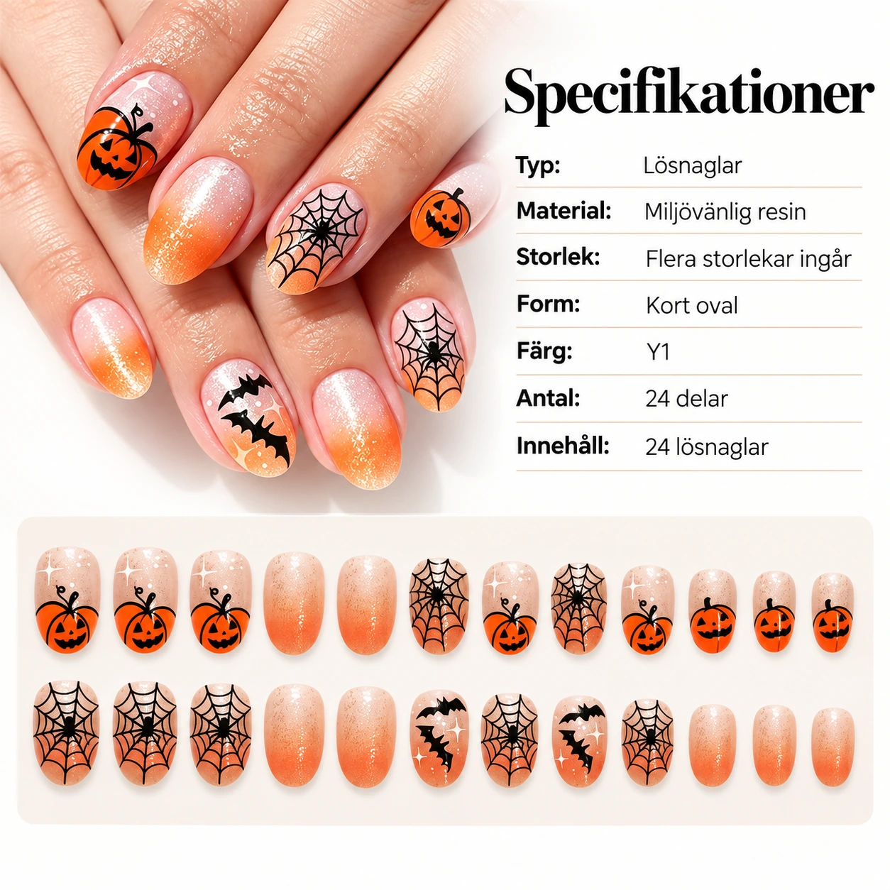 Løsnegler med halloweenmotiv i kort oval form, 24 deler