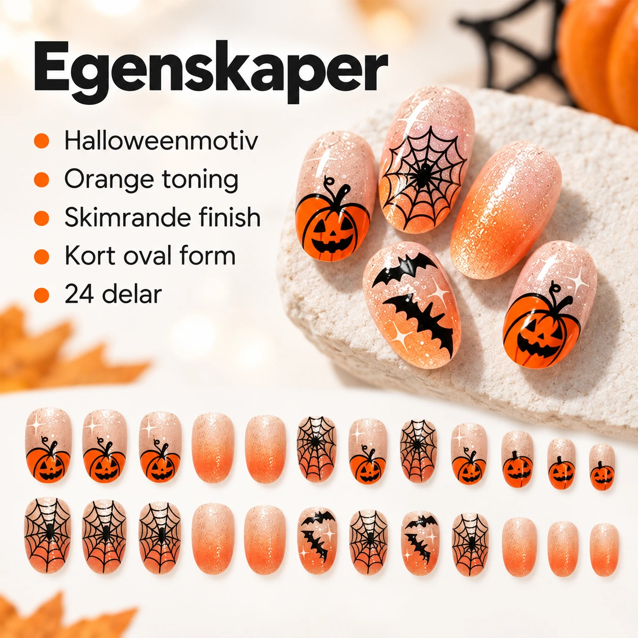 Løsnegler med halloweenmotiv i kort oval form, 24 deler