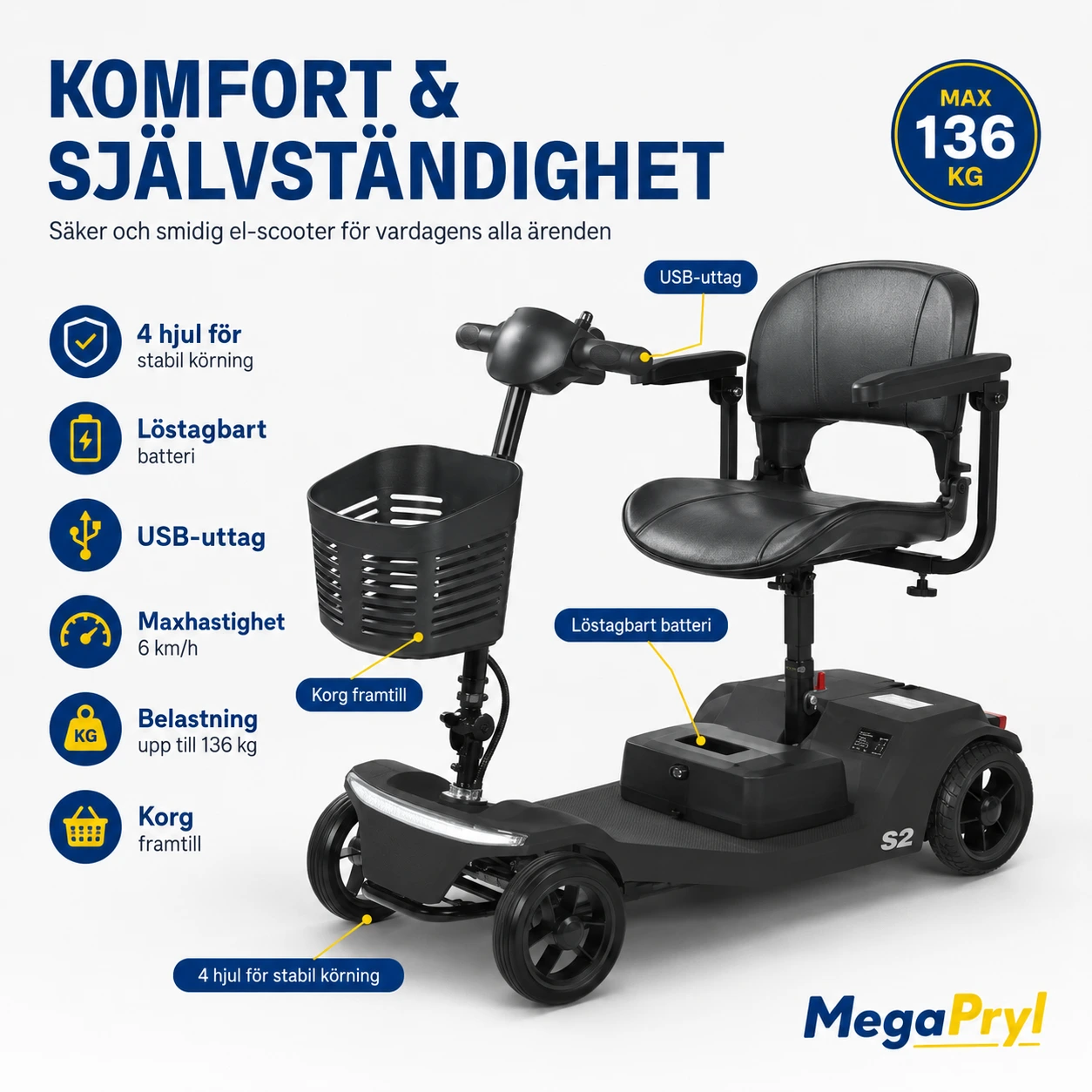 Elskoter för Seniorer med 4 Hjul, Löstagbart Batteri och USB-Uttag