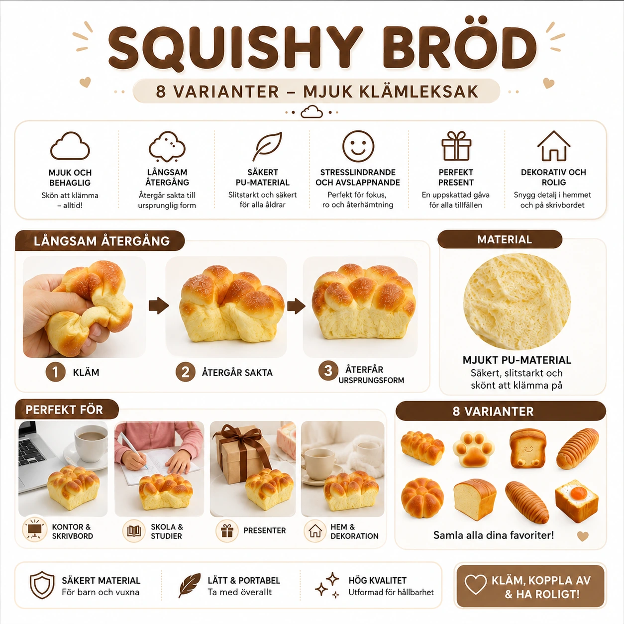 Squishy Bröd 8 Varianter – Mjuk Klämleksak