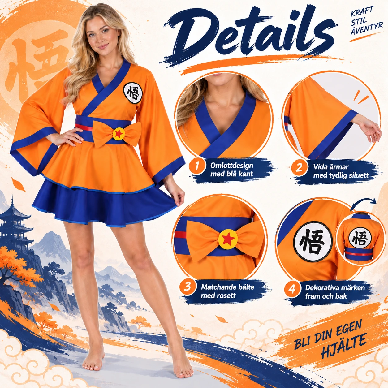 Oranssisininen kimonomekko punaisella vyöllä