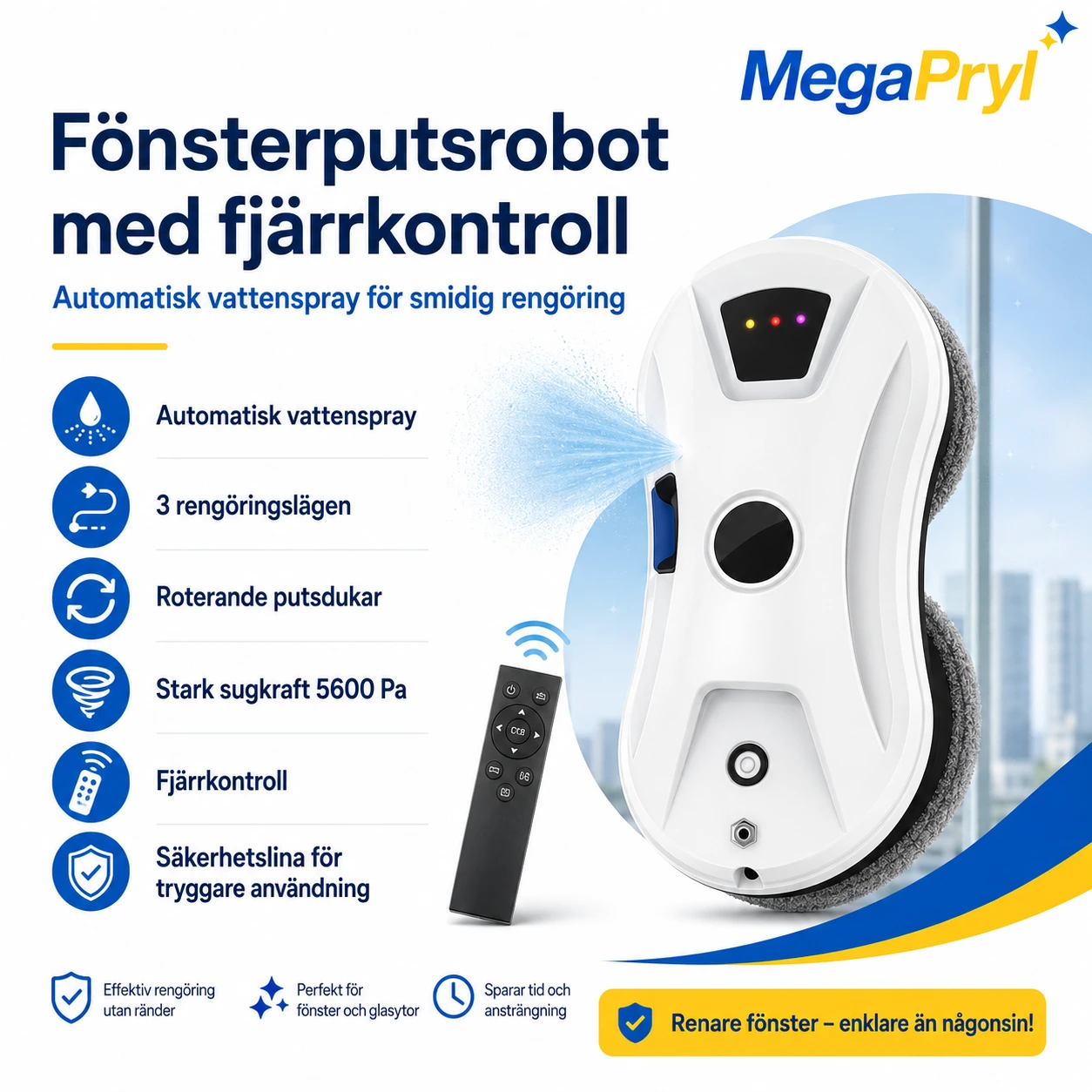 Fönsterputsrobot med fjärrkontroll och automatisk vattenspray