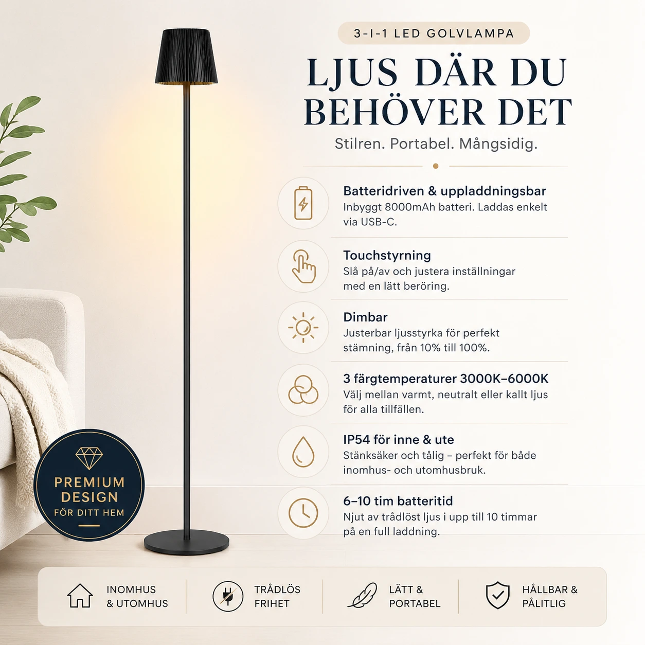 Golvlampa Batteridriven 130 cm Dimbar Touch LED