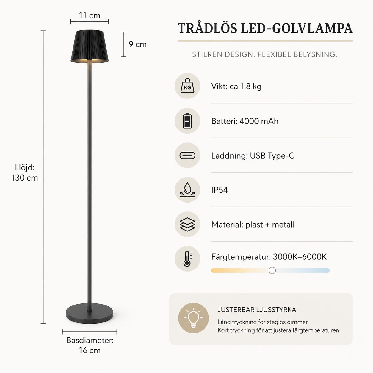 Golvlampa Batteridriven 130 cm Dimbar Touch LED