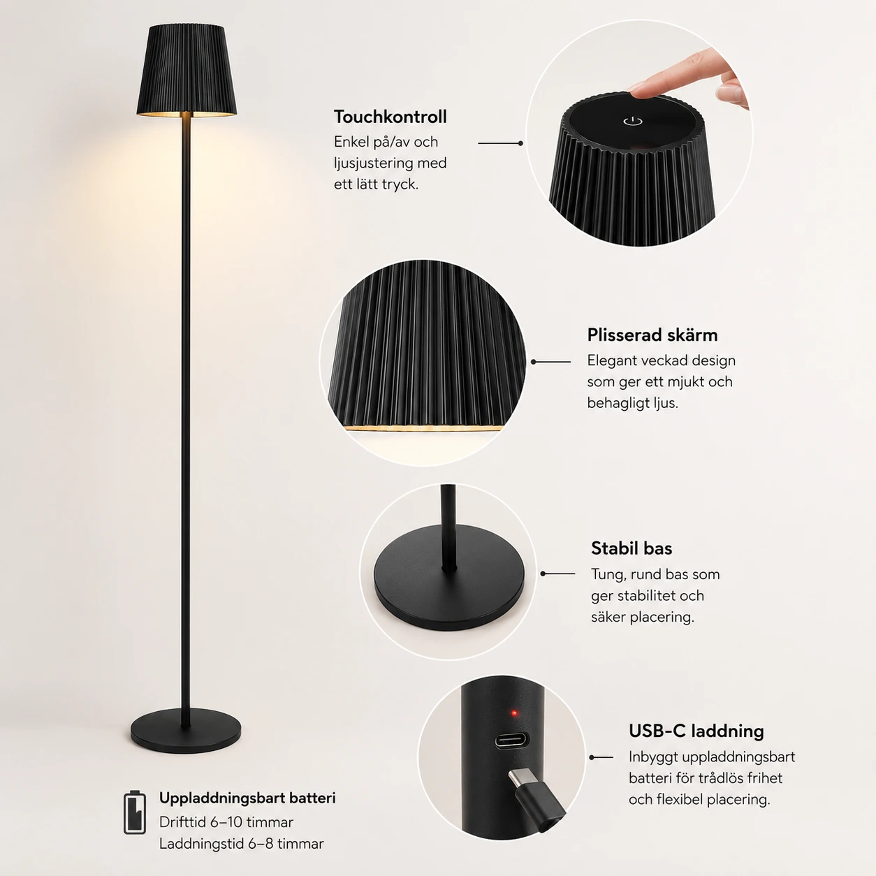 Golvlampa Batteridriven 130 cm Dimbar Touch LED