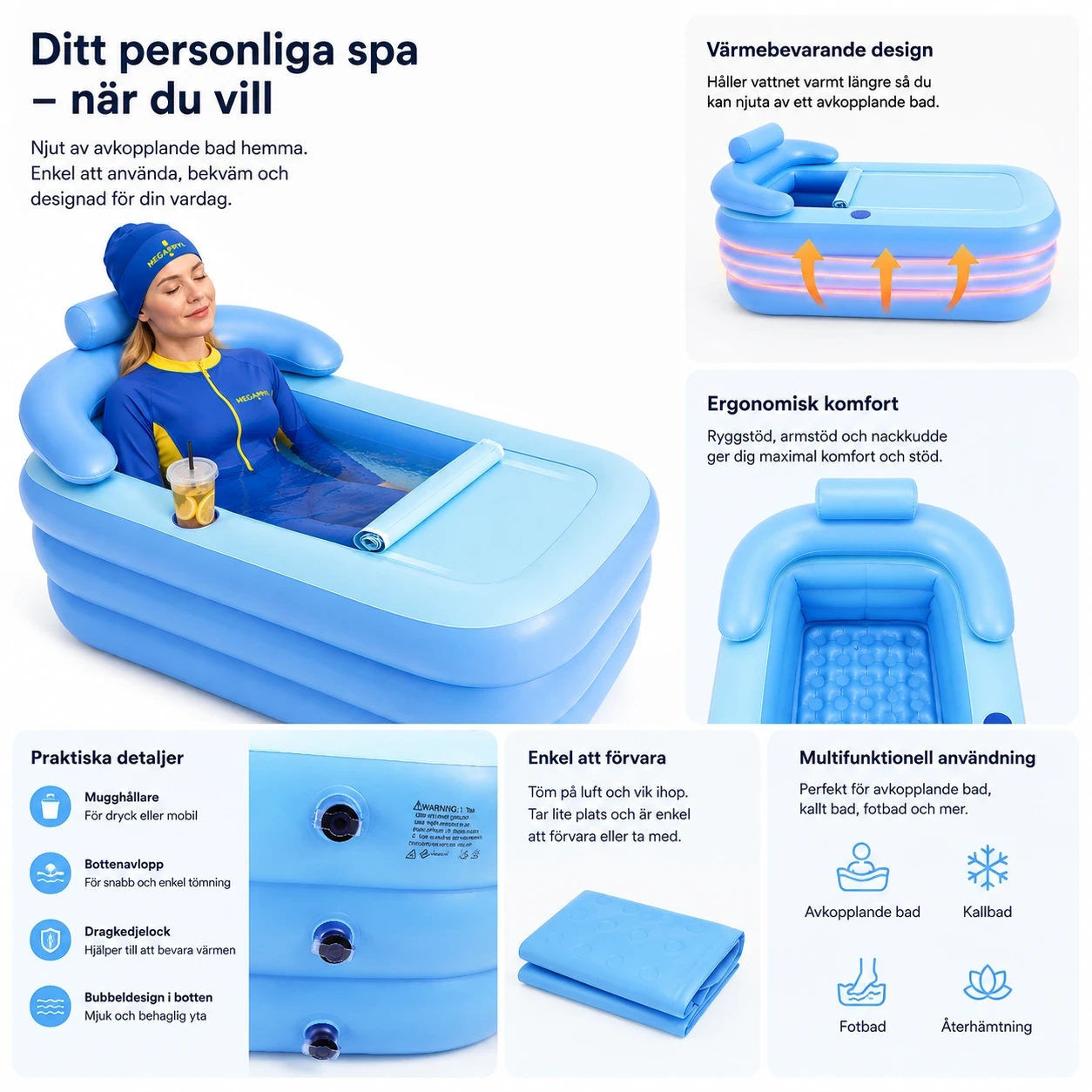 Uppblåsbart Badkar för Vuxna – Portabelt Spa med Ryggstöd