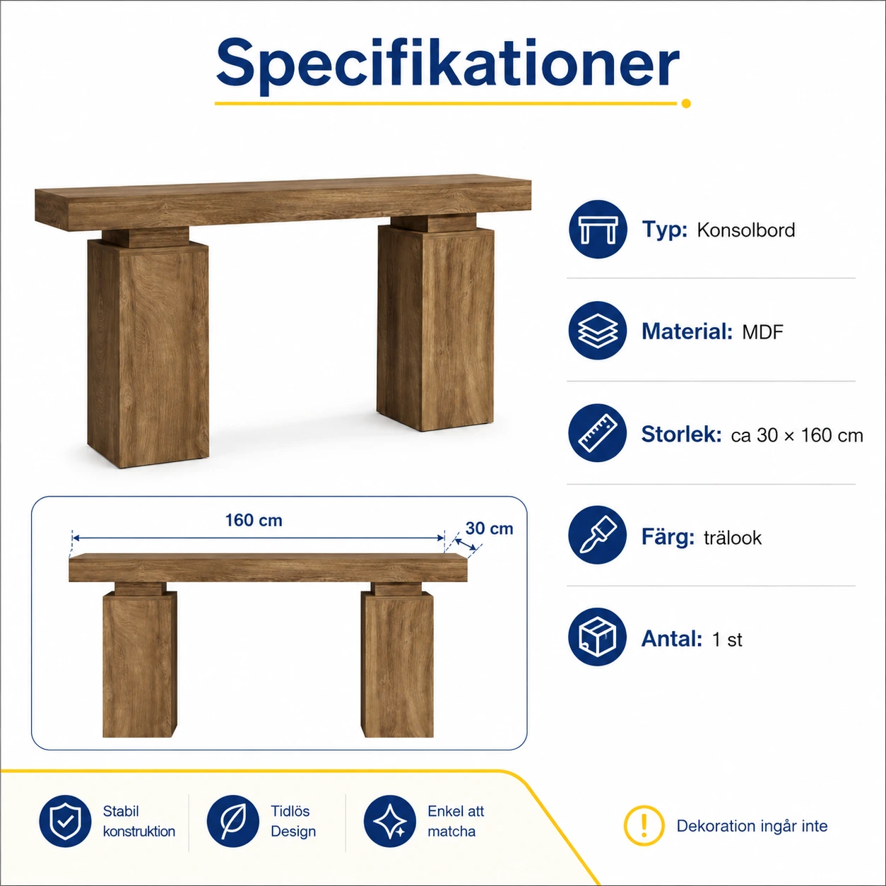 Konsolbord för hall och vardagsrum, 160 cm