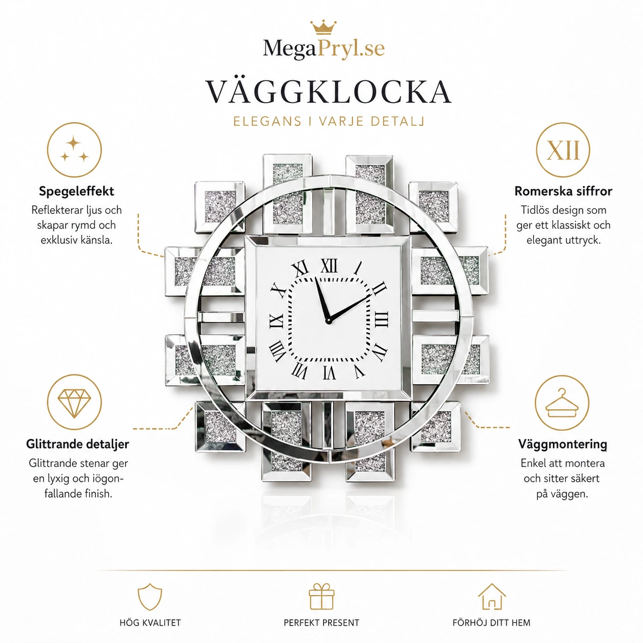 Väggklocka 60 cm med spegeleffekt och romerska siffror