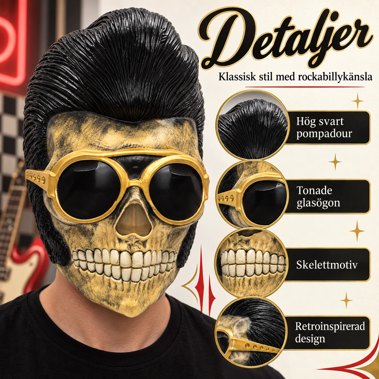 Mask skelett i latex med svart pompadour