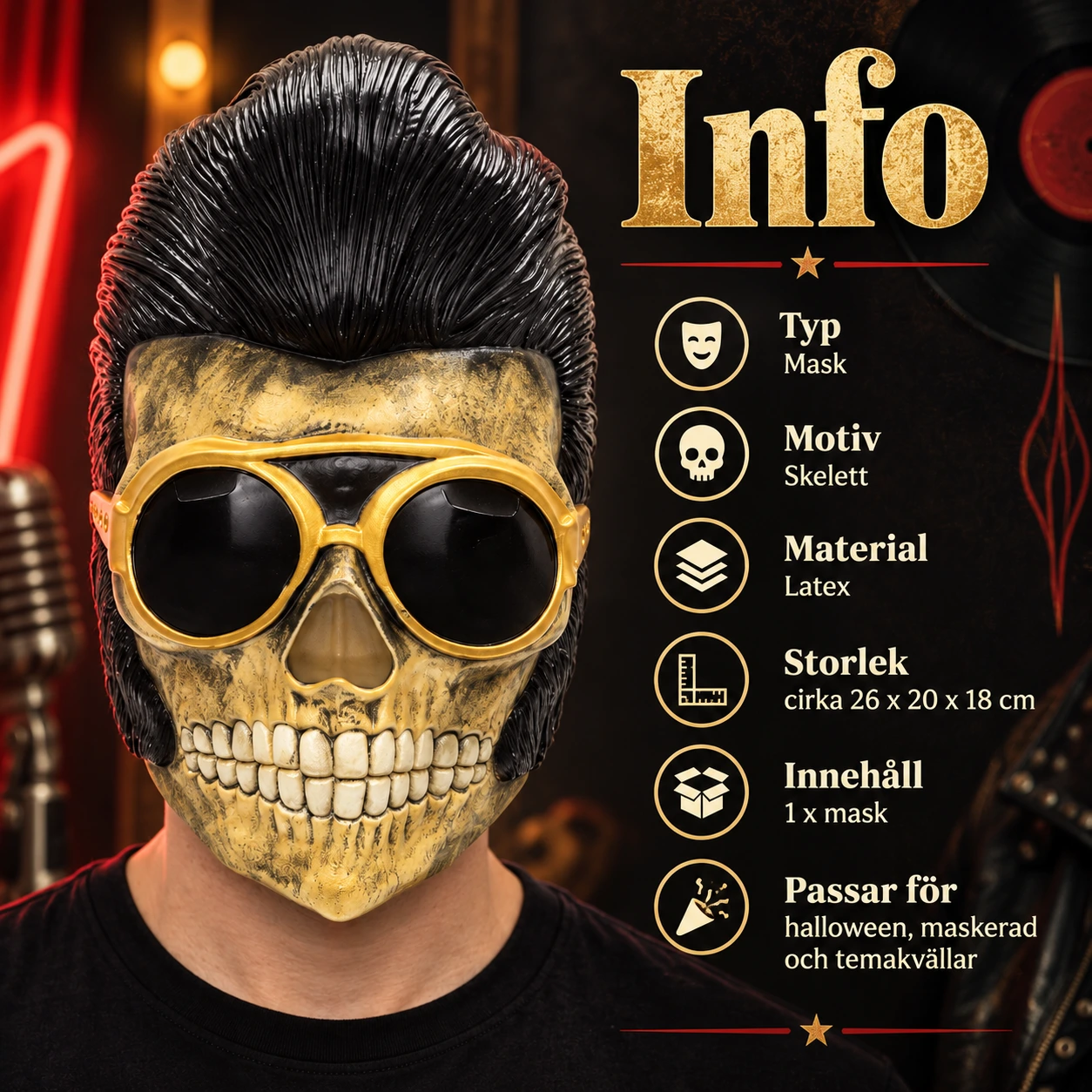 Mask skelett i latex med svart pompadour