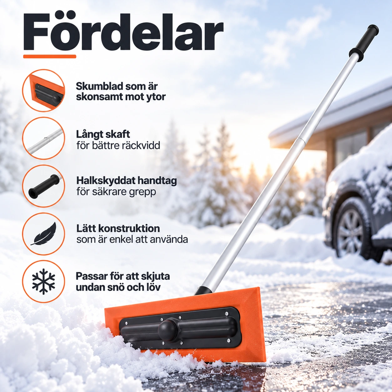 Snöraka för biltak och tak med skumblad och långt skaft