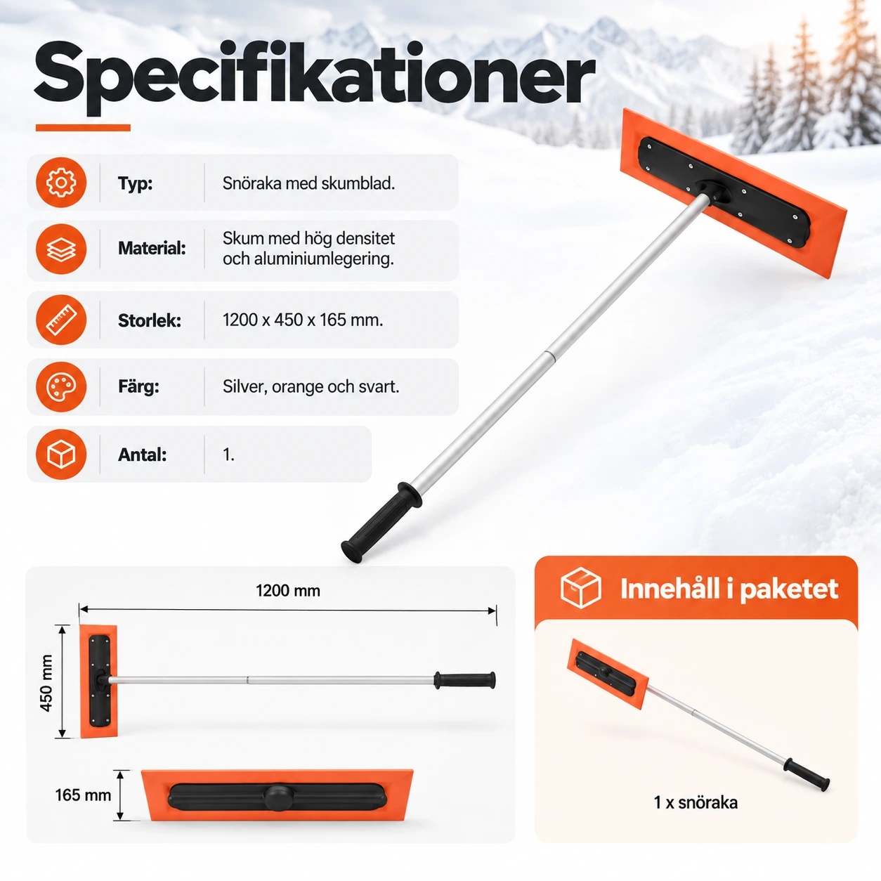 Snöraka för biltak och tak med skumblad och långt skaft