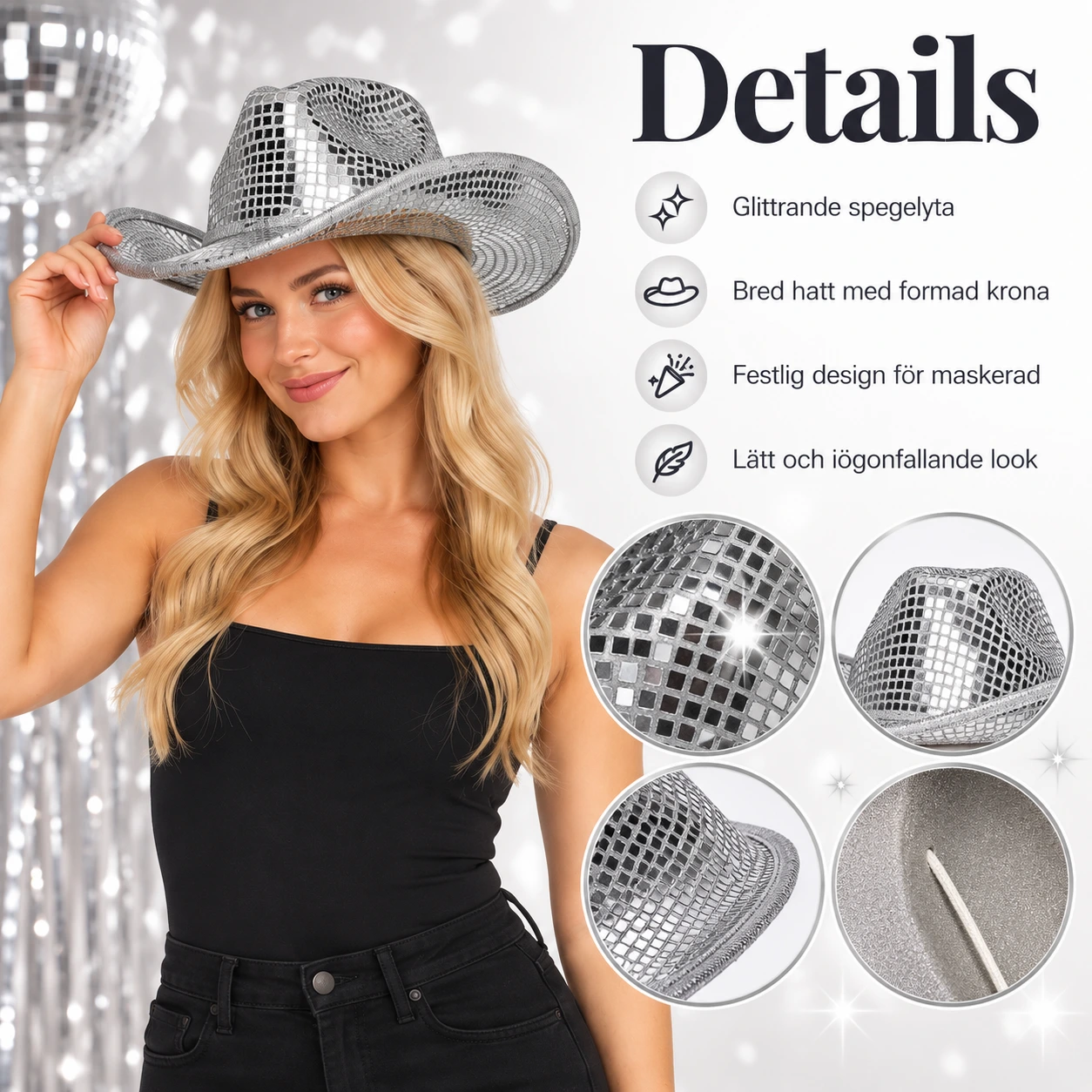 Discohatt och festglasögon för maskerad och party