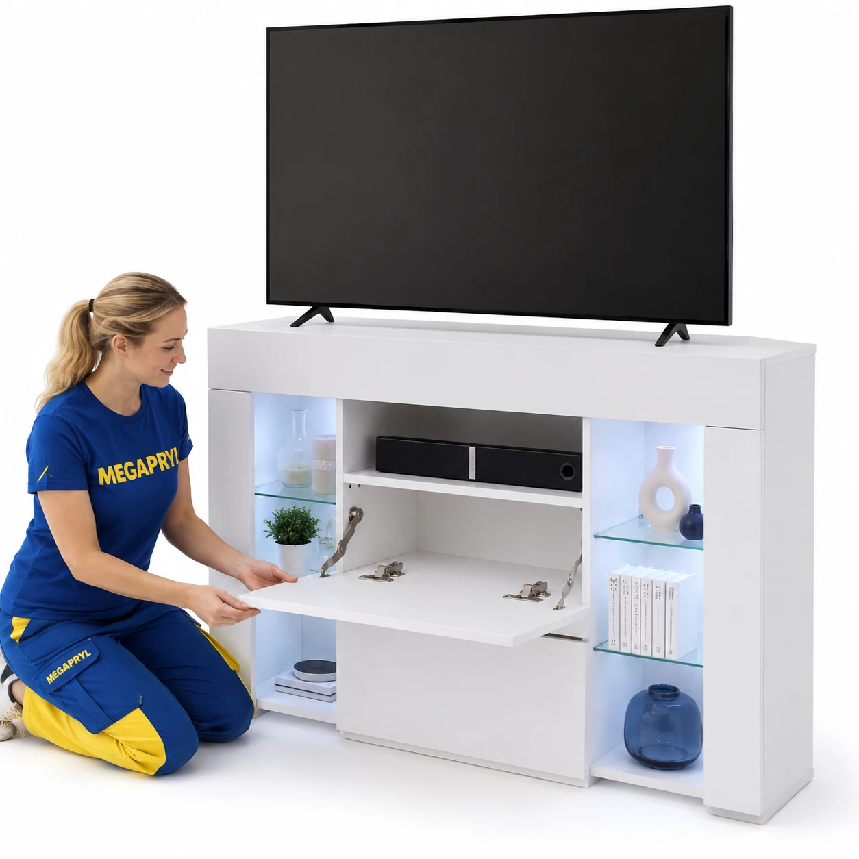 TV-bänk Hörn med LED och Förvaring Vit