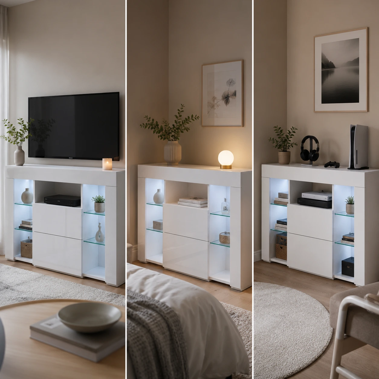 TV-bänk Hörn med LED och Förvaring Vit