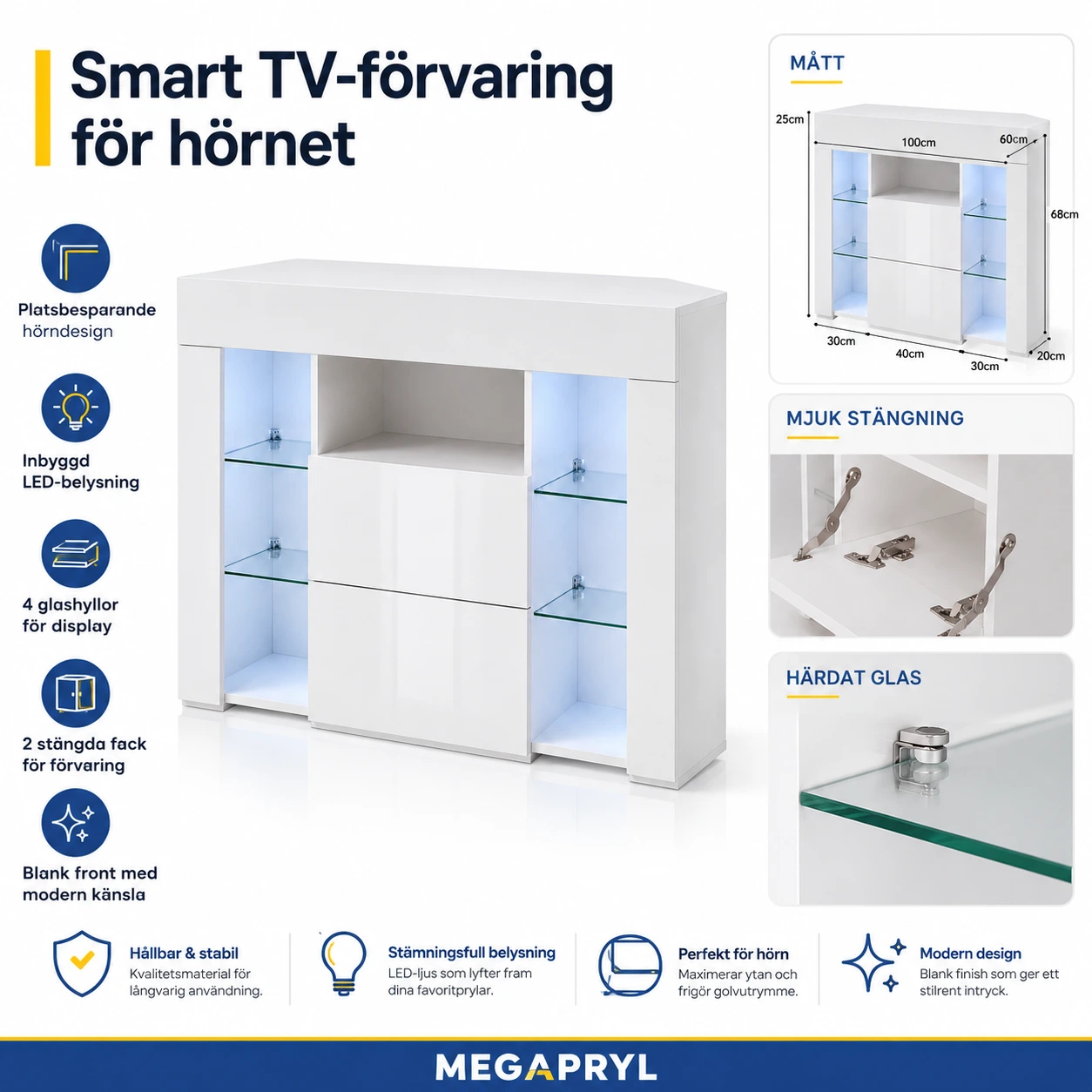 TV-bänk Hörn med LED och Förvaring Vit