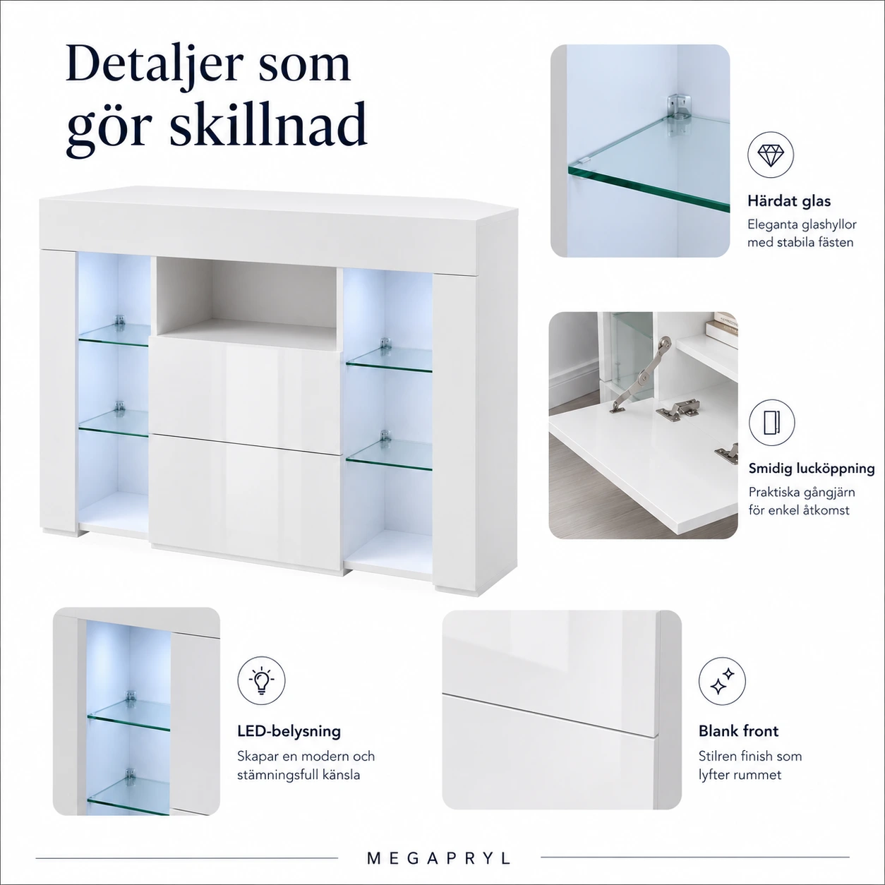 TV-bänk Hörn med LED och Förvaring Vit
