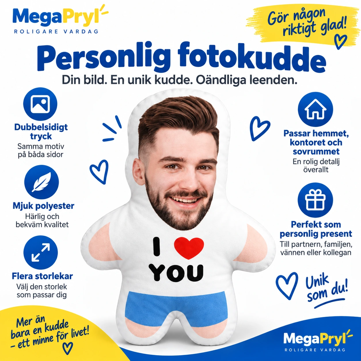 Fotokudde i figurform med eget foto och dubbelsidigt tryck
