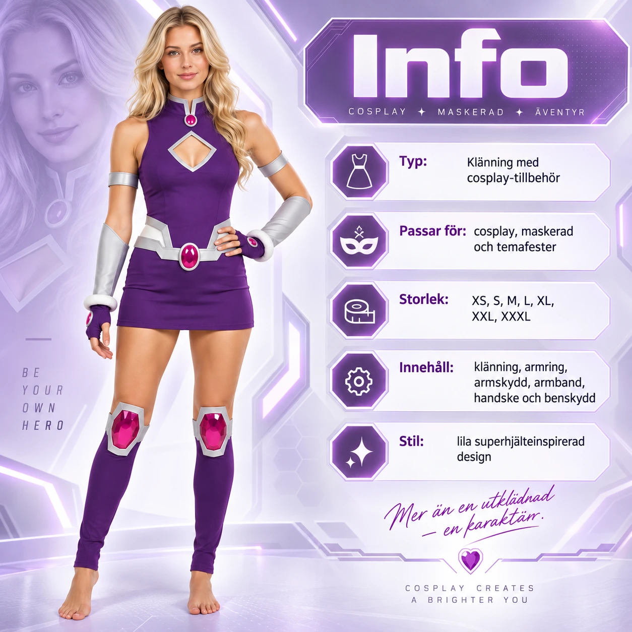 Violetti supersankariasu hopeisilla yksityiskohdilla ja jalkatuella