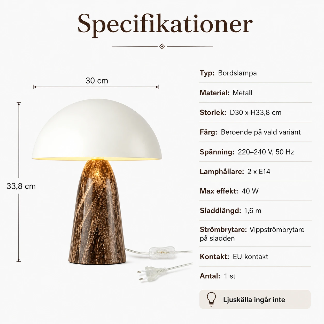 Bordslampa för sovrum och vardagsrum med kupad skärm