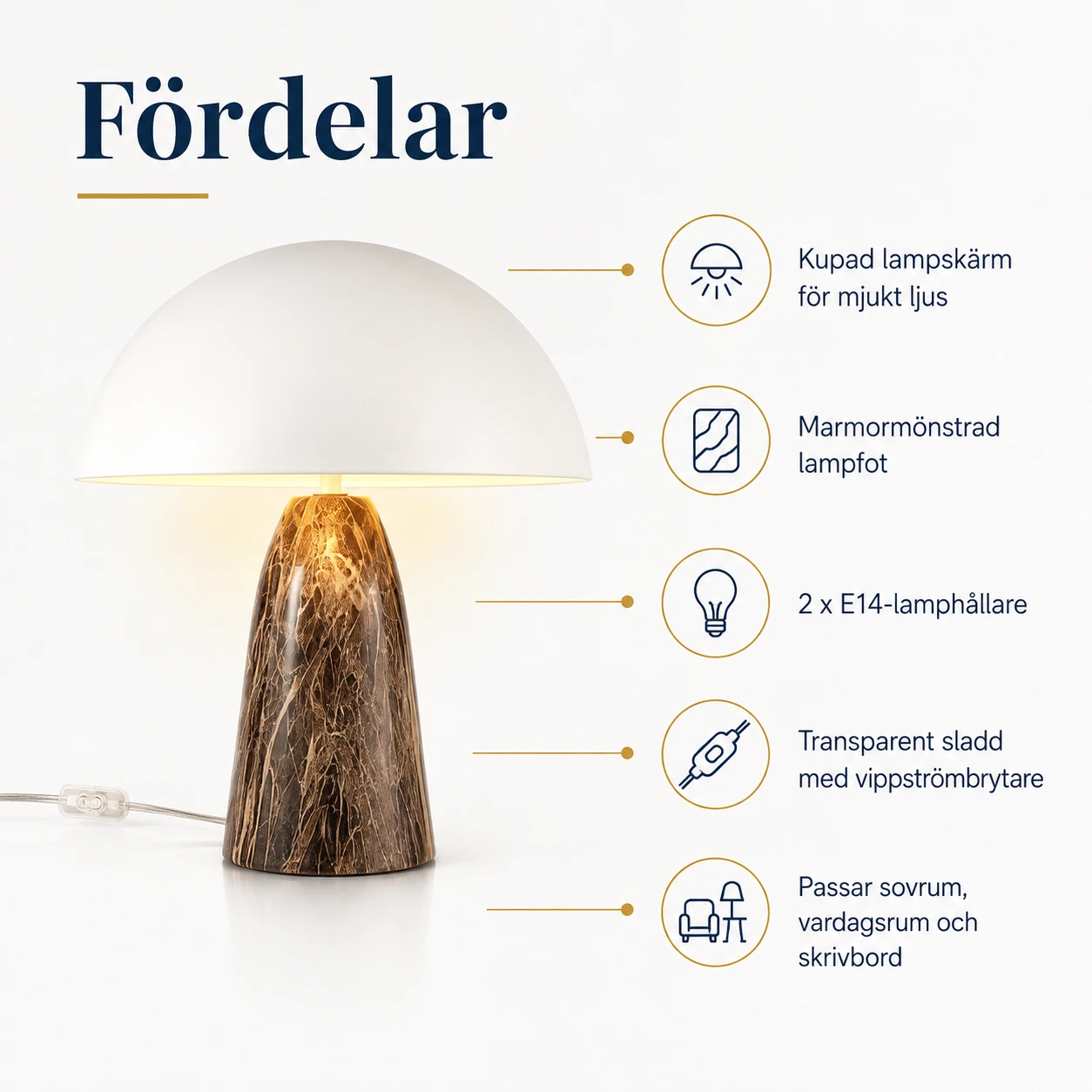 Bordslampa för sovrum och vardagsrum med kupad skärm
