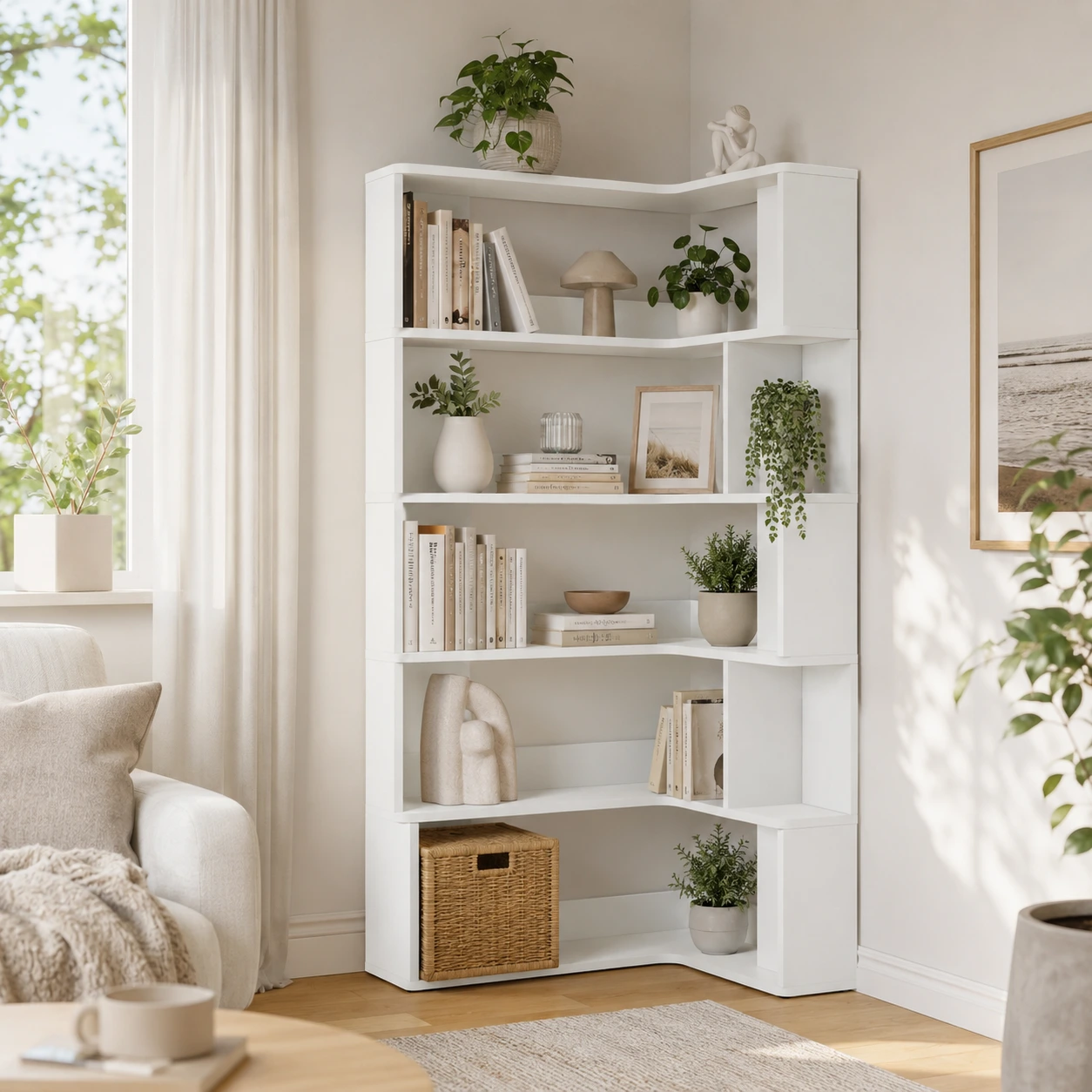 Hörnbokhylla i 5 nivåer med LED-belysning