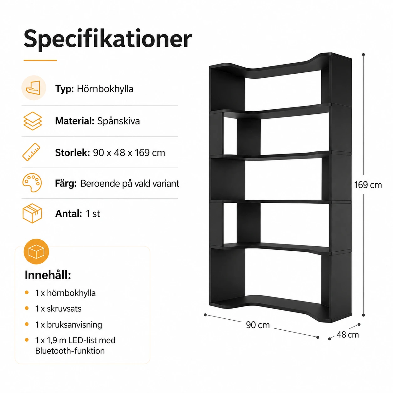 Hörnbokhylla i 5 nivåer med LED-belysning