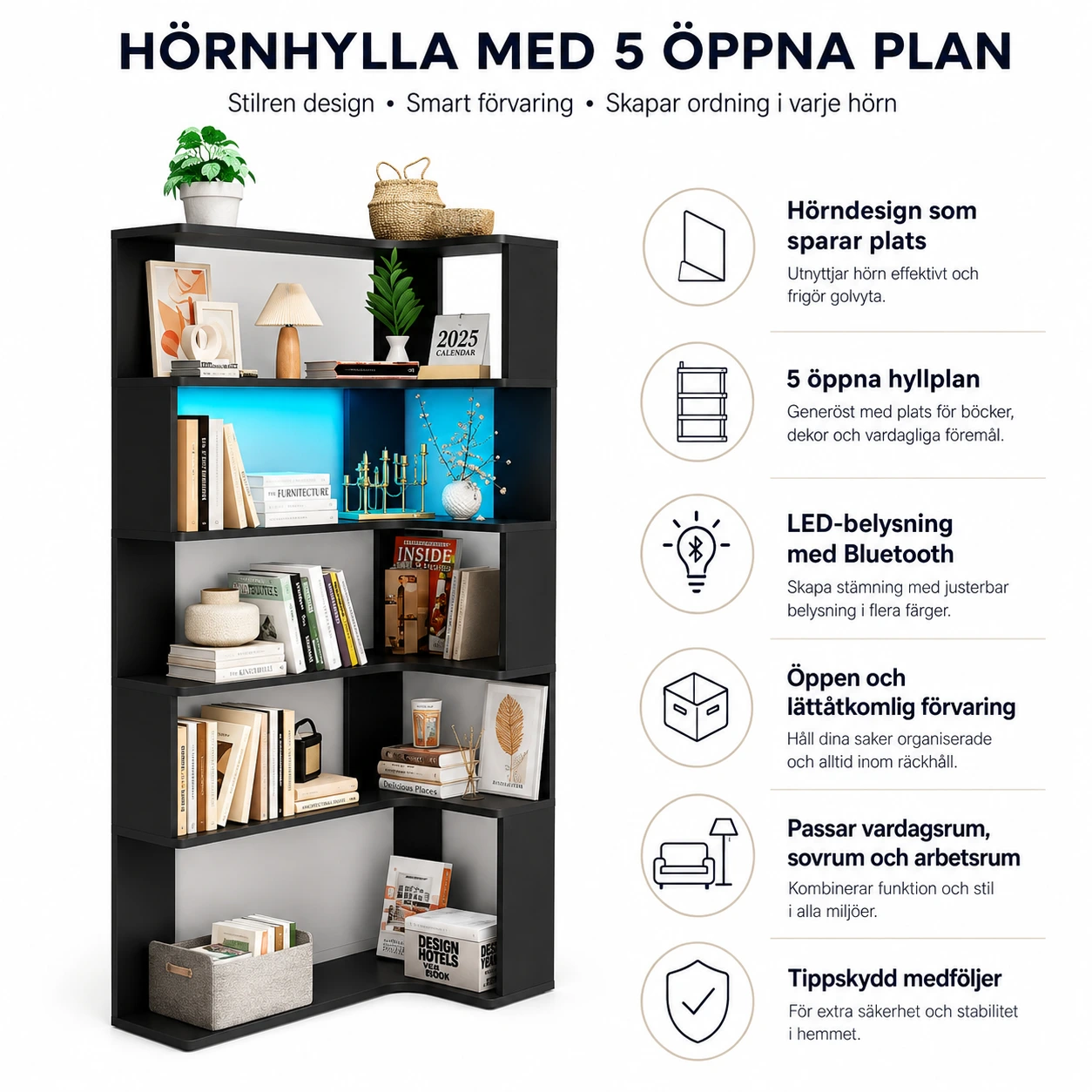Hörnbokhylla i 5 nivåer med LED-belysning