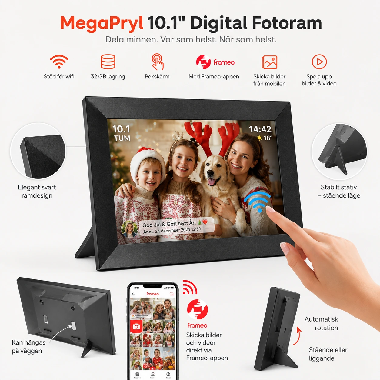 Digital fotoram med wifi och 10,1 tum IPS-skärm