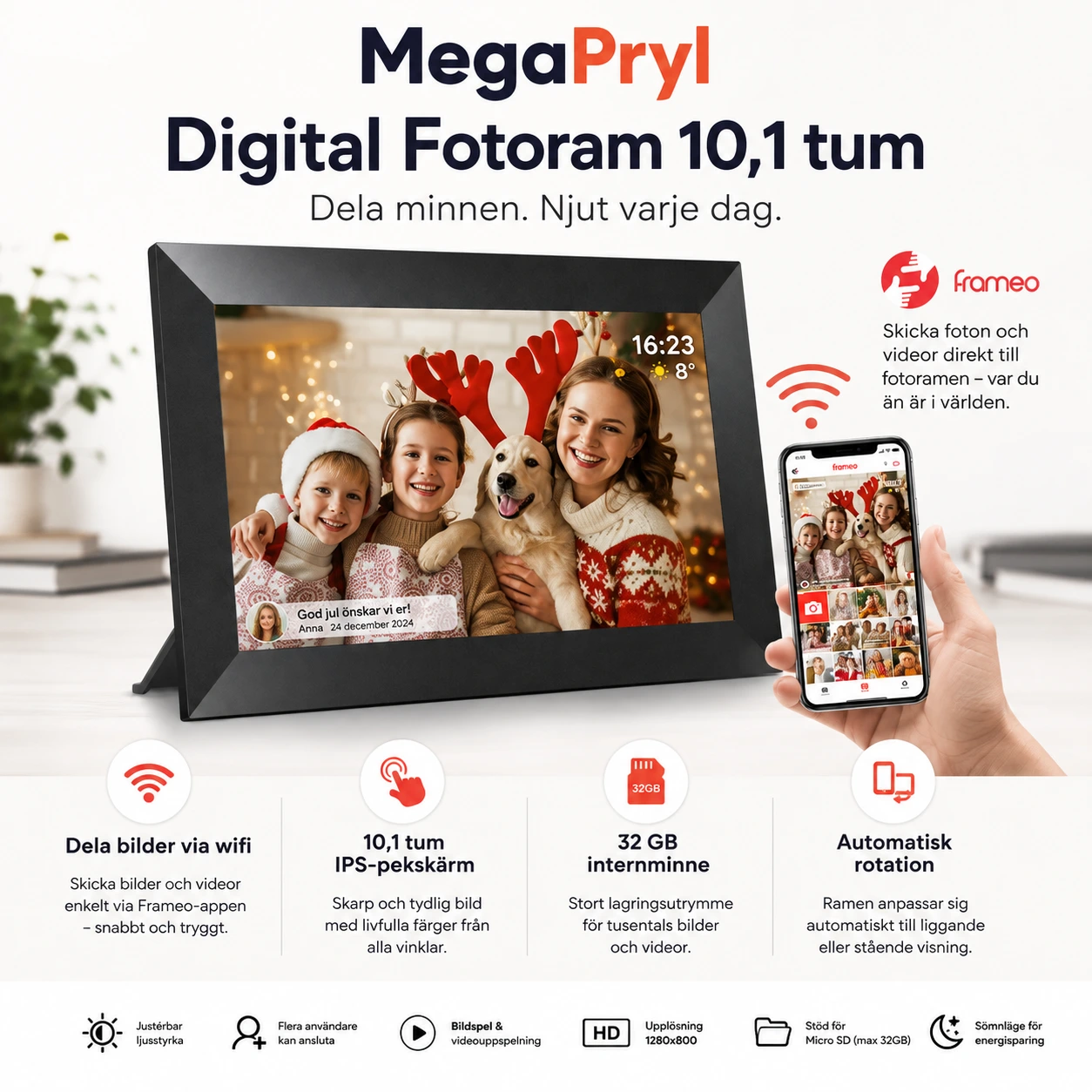 Digital fotoram med wifi och 10,1 tum IPS-skärm
