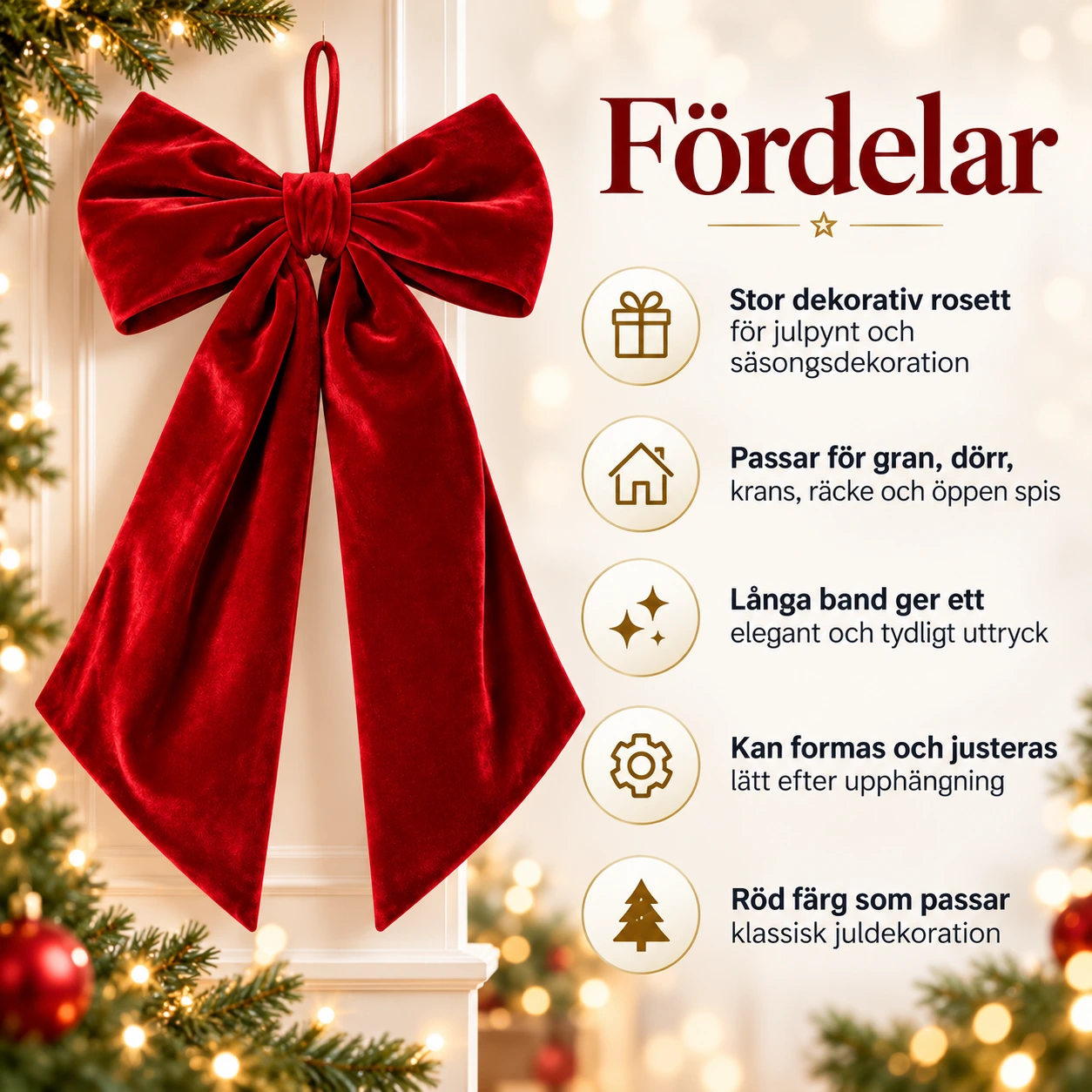 Julrosett i sammet för gran och dörr, röd