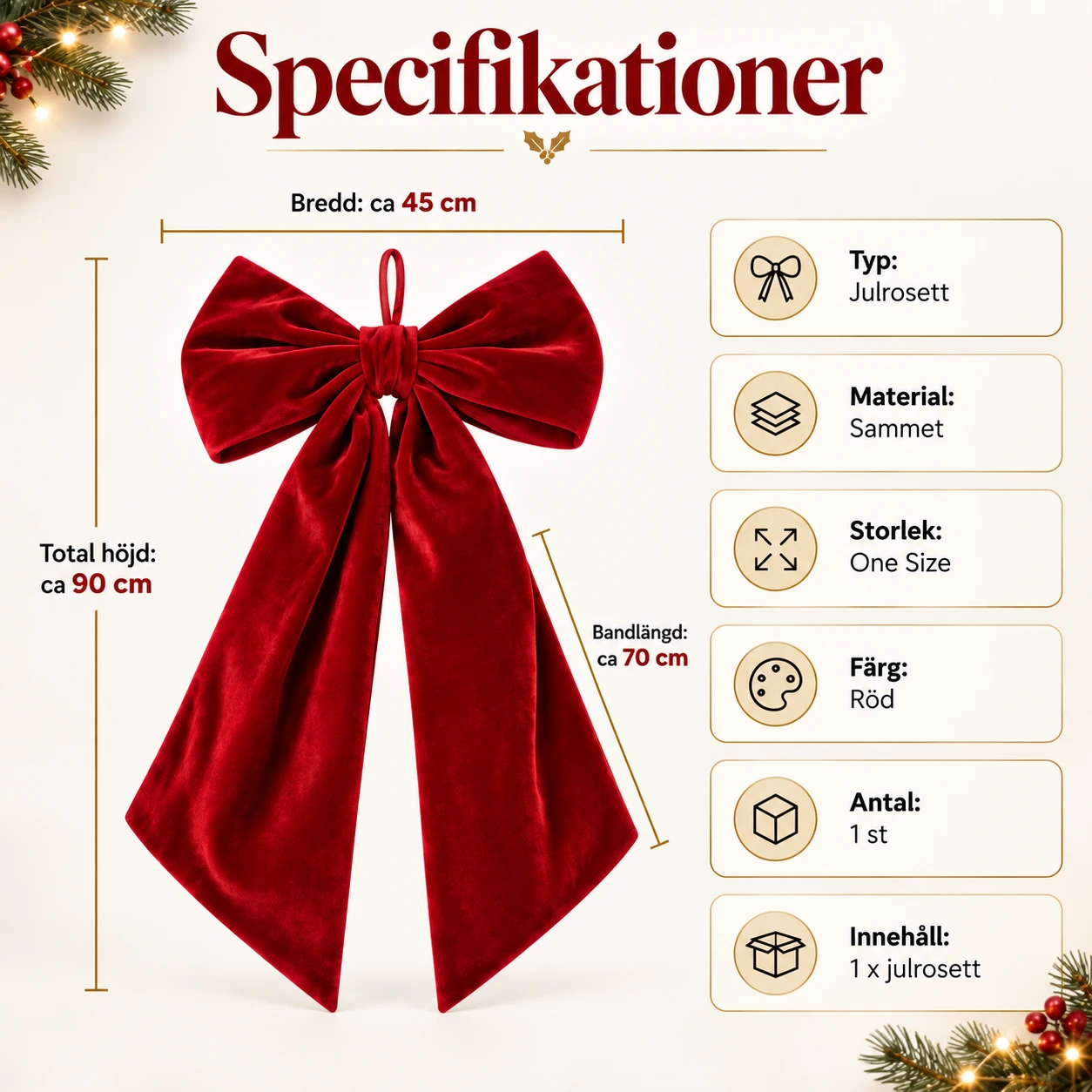 Julrosett i sammet för gran och dörr, röd