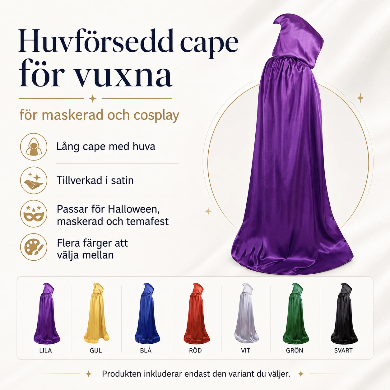 Huvförsedd cape för vuxna till maskerad och cosplay