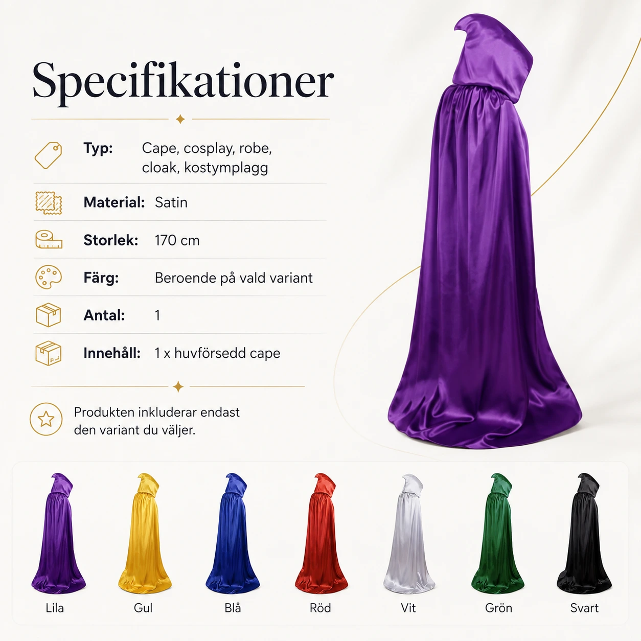 Huvförsedd cape för vuxna till maskerad och cosplay