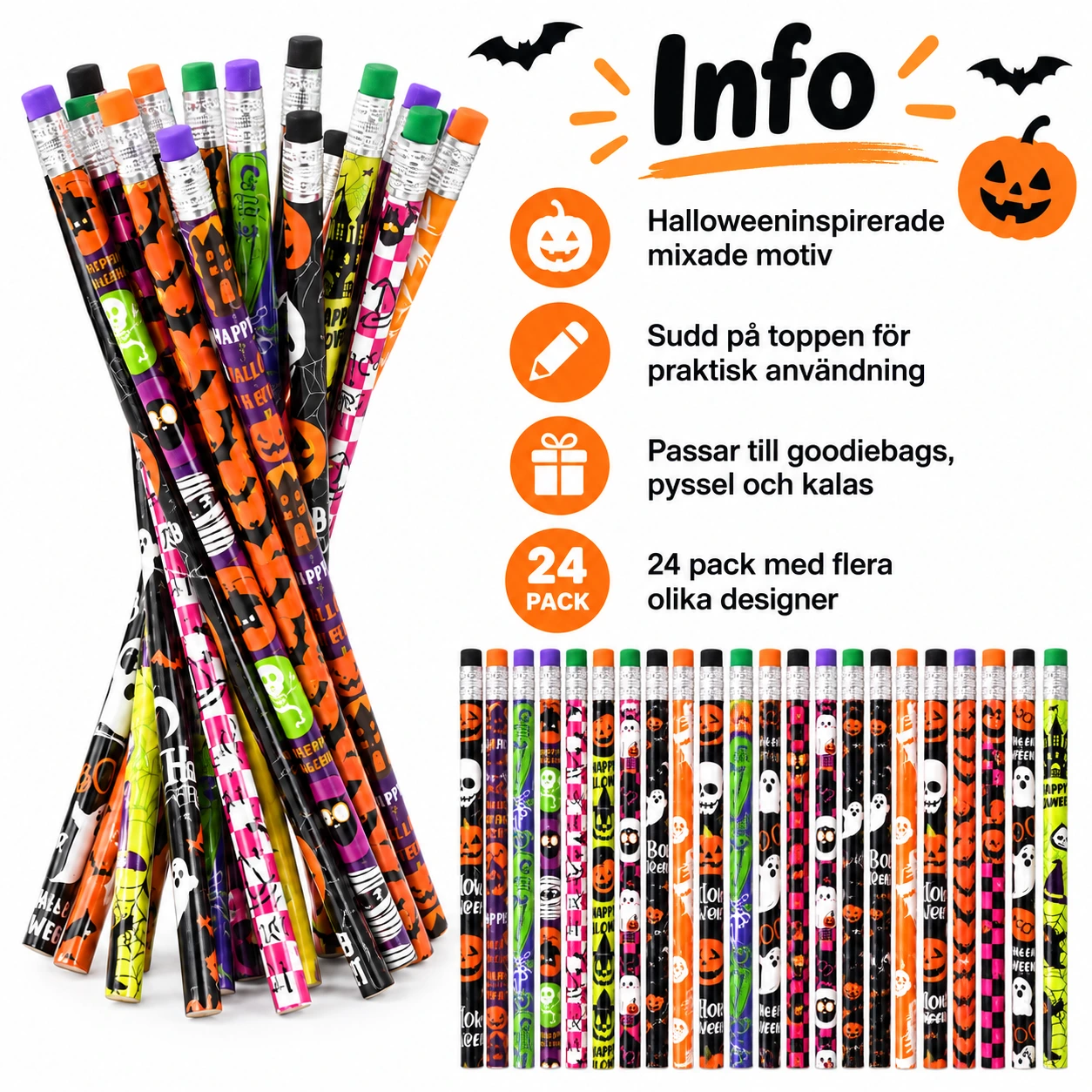 Halloweenblyertspennor med sudd, mixade motiv 24 pack