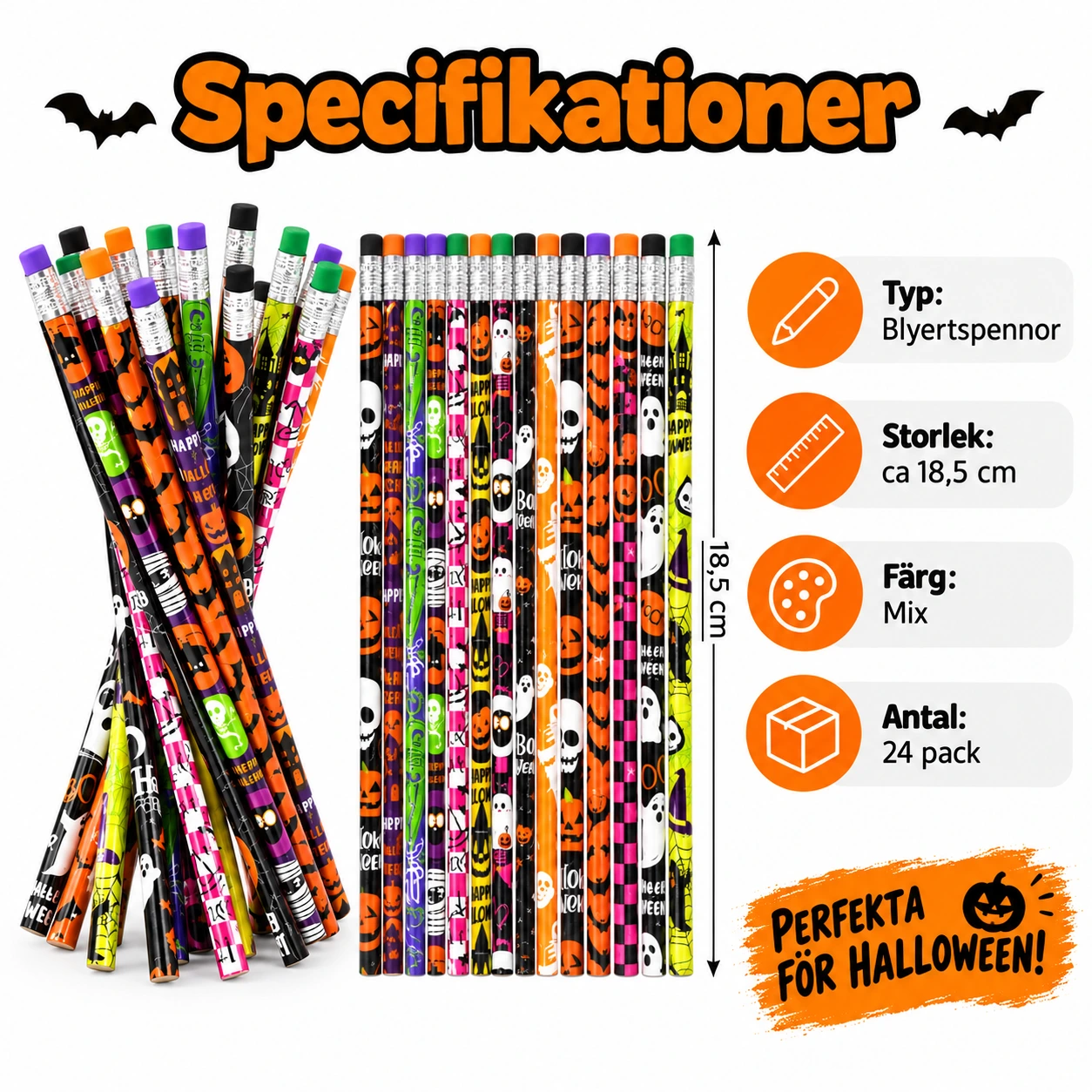 Halloweenblyertspennor med sudd, mixade motiv 24 pack