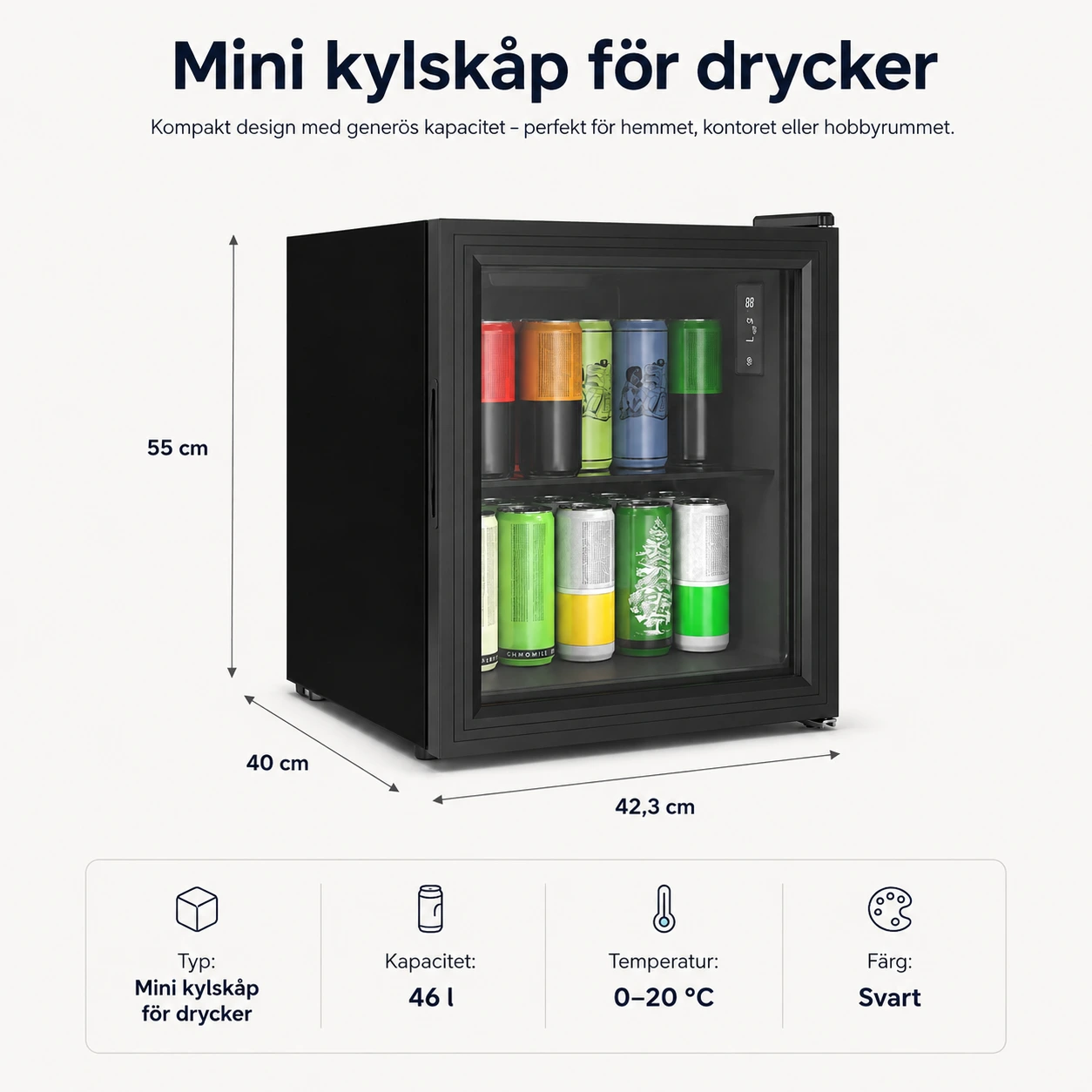 Mini kylskåp för drycker 46 l med glasdörr