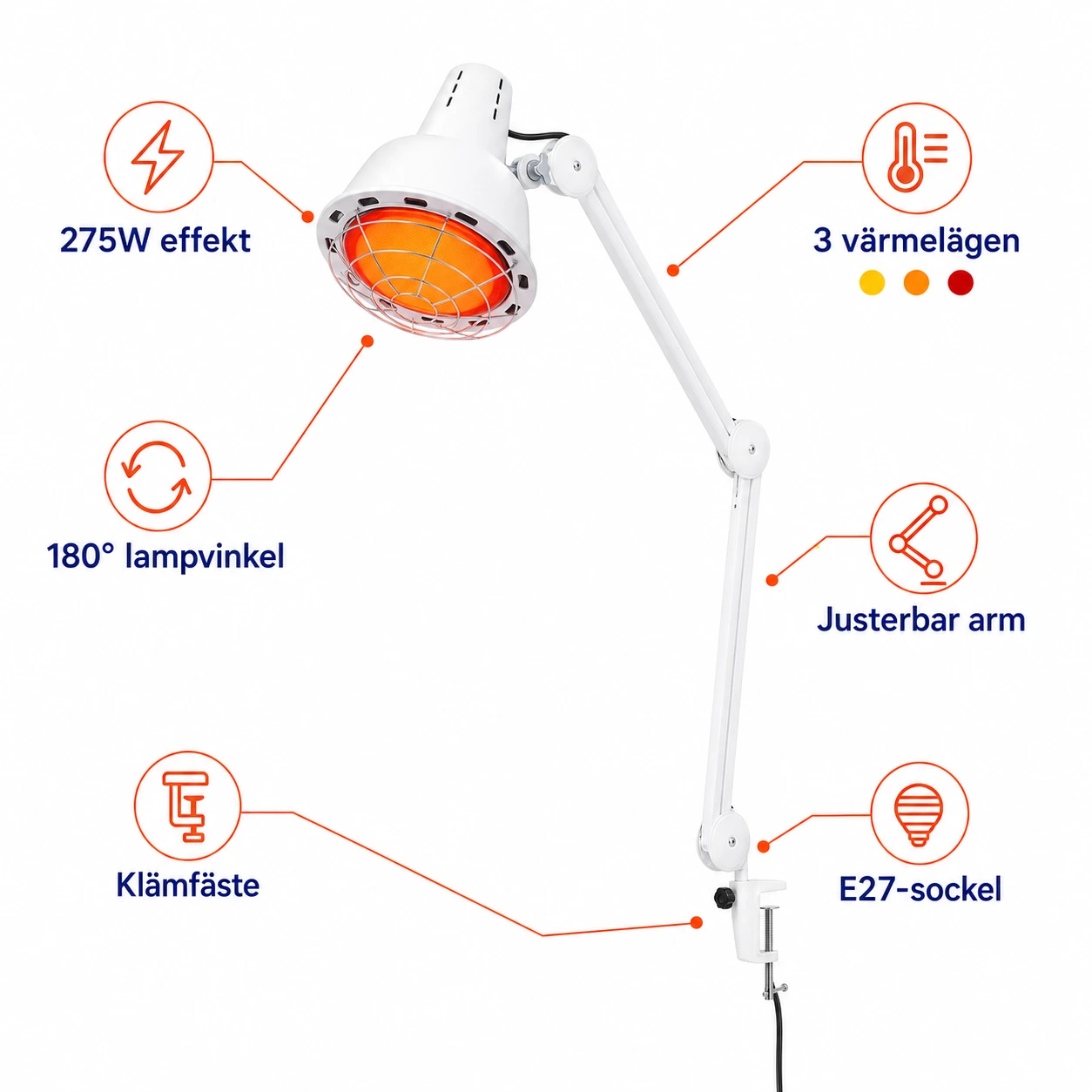 Infraröd Värmelampa 275W med Klämfäste