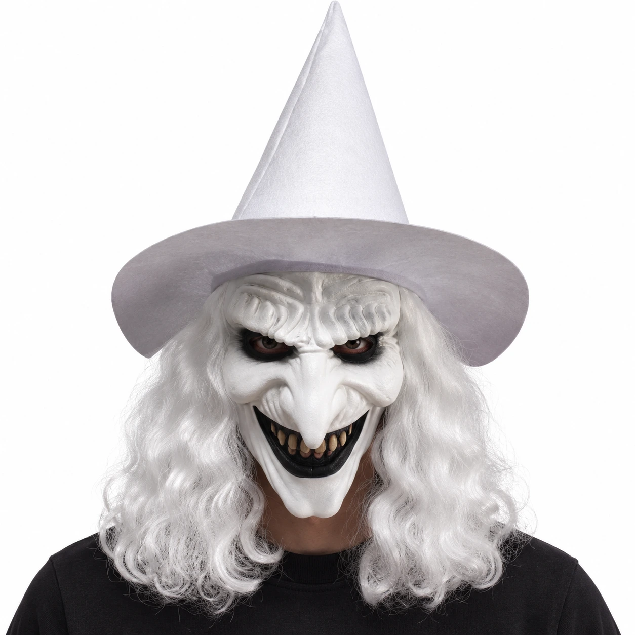 Häxmask för halloween med hatt och långt hår