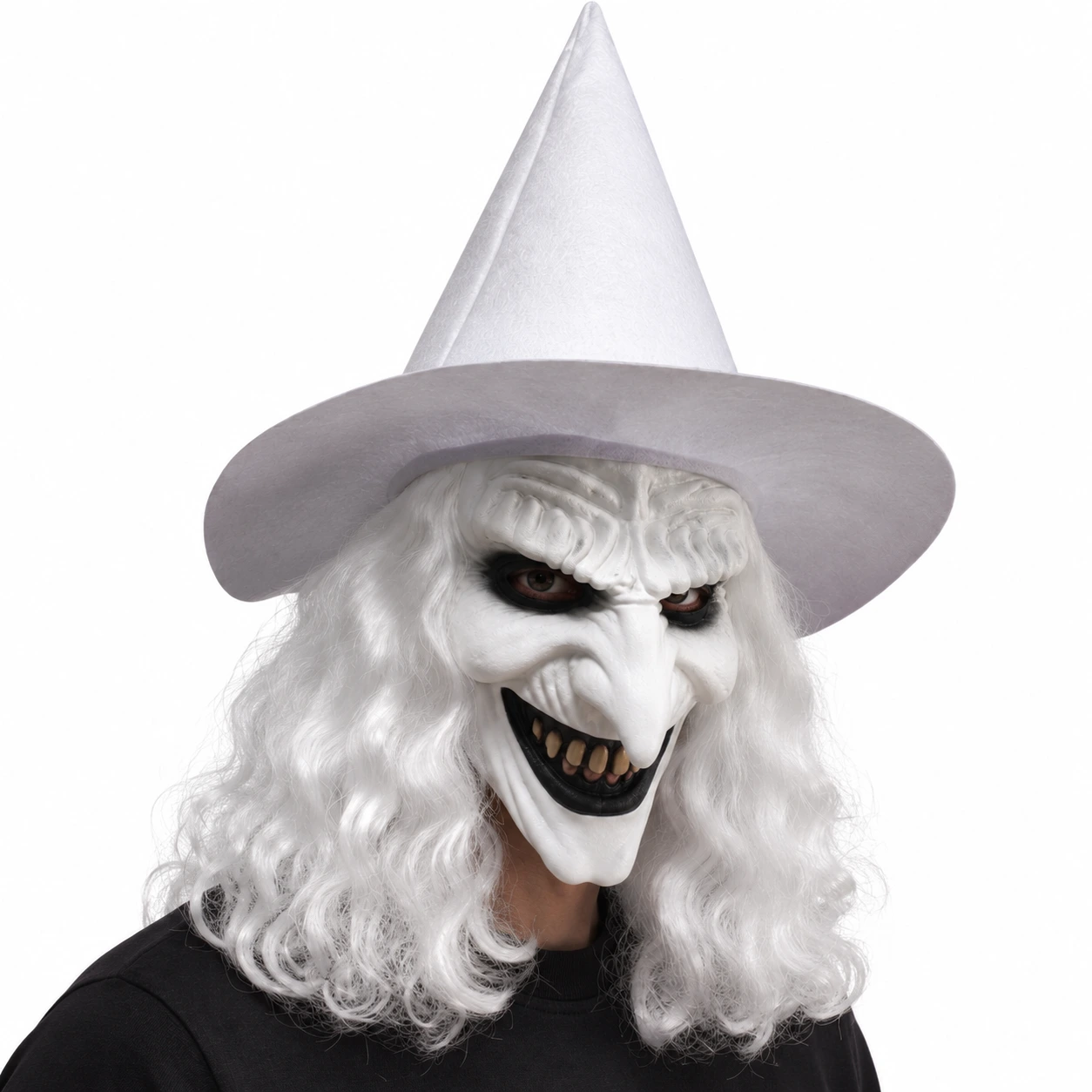 Häxmask för halloween med hatt och långt hår