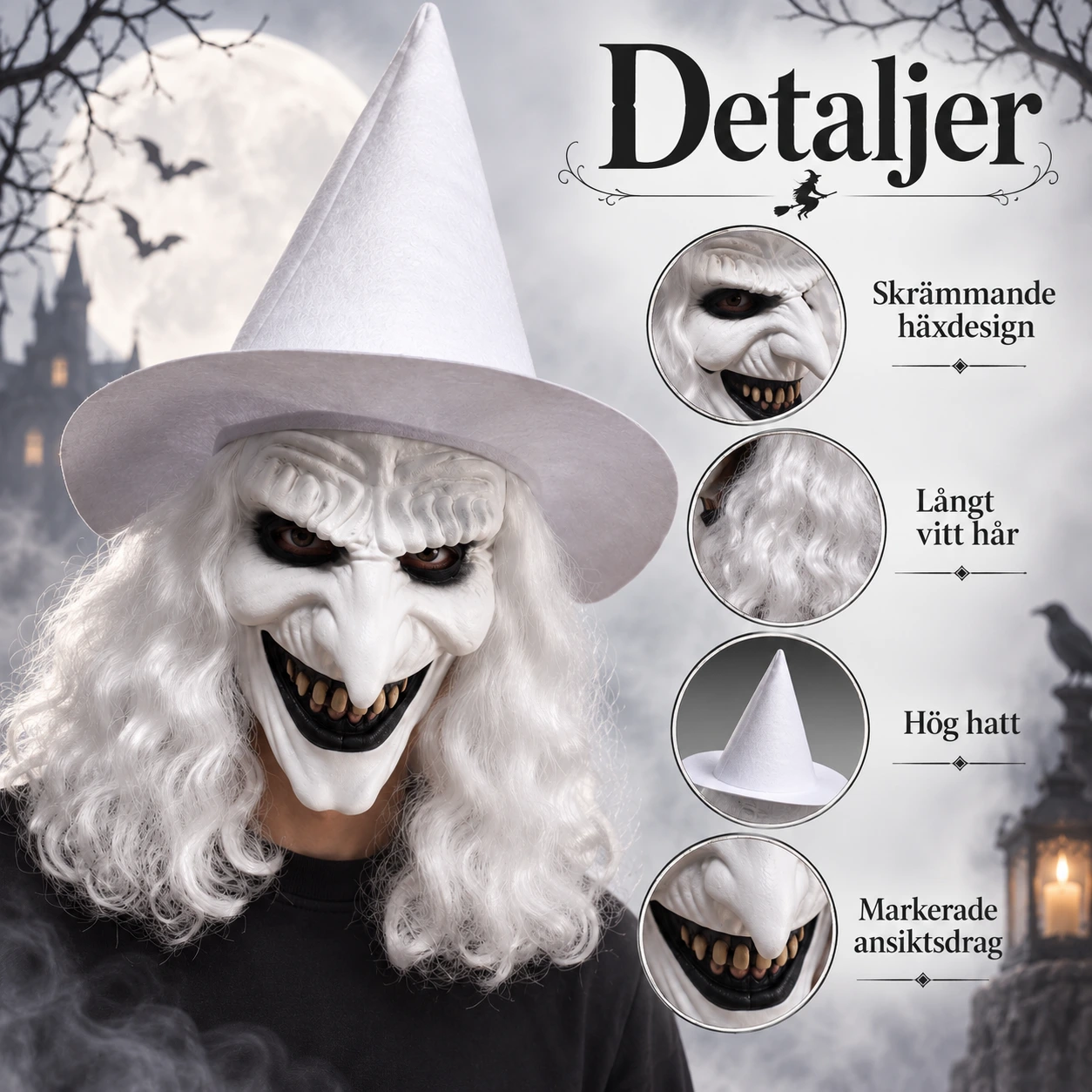 Häxmask för halloween med hatt och långt hår
