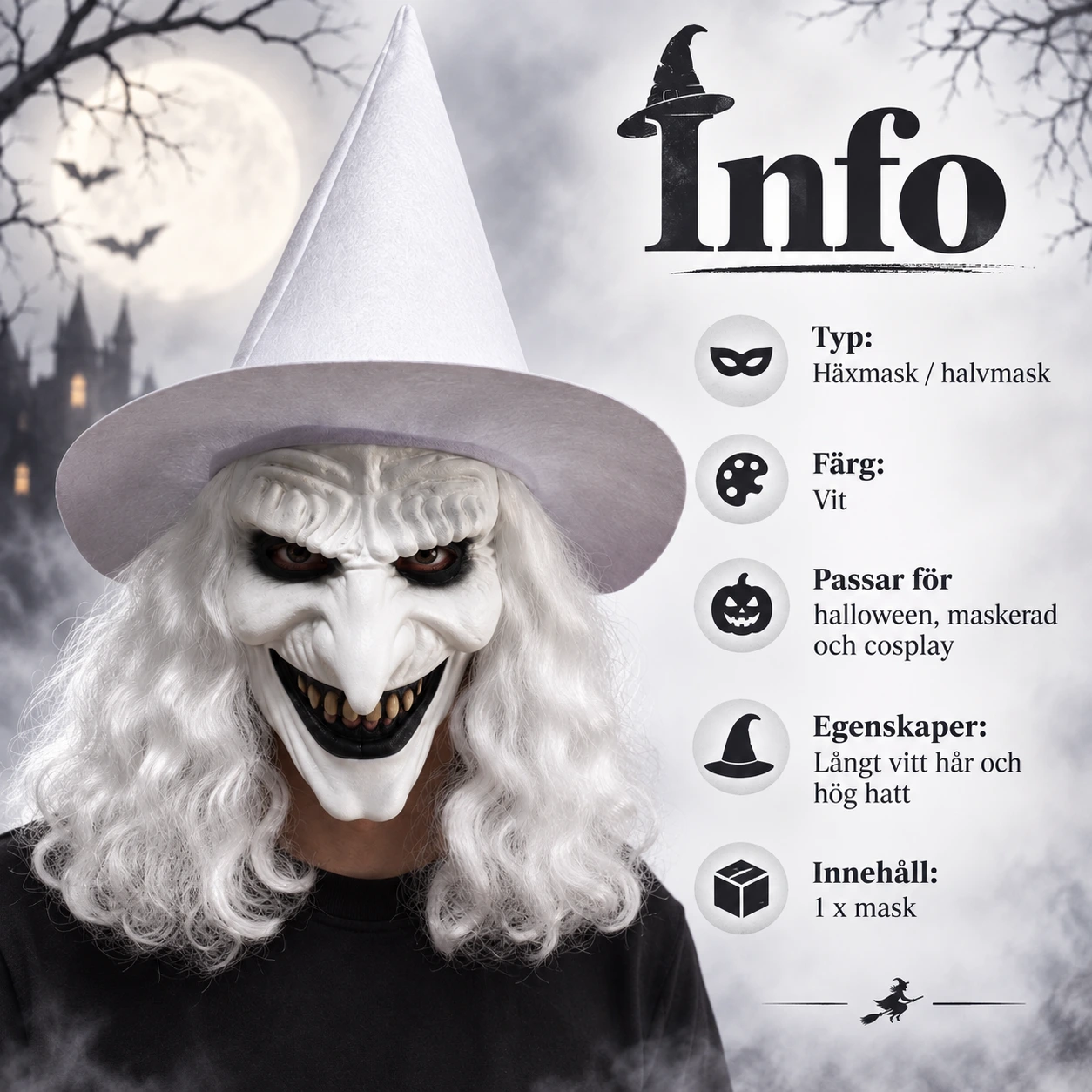 Häxmask för halloween med hatt och långt hår
