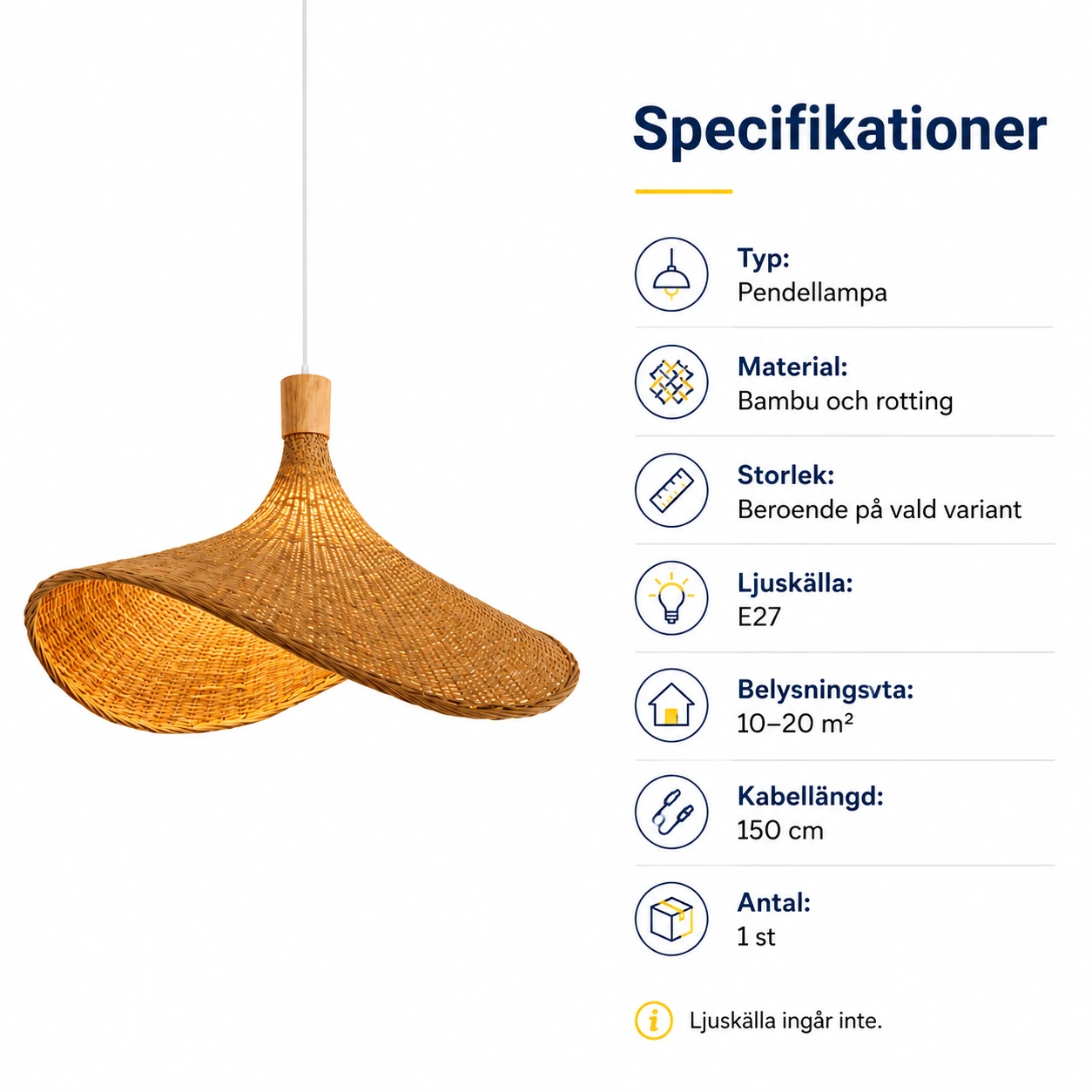 Pendellampa i bambu och rotting med E27-sockel