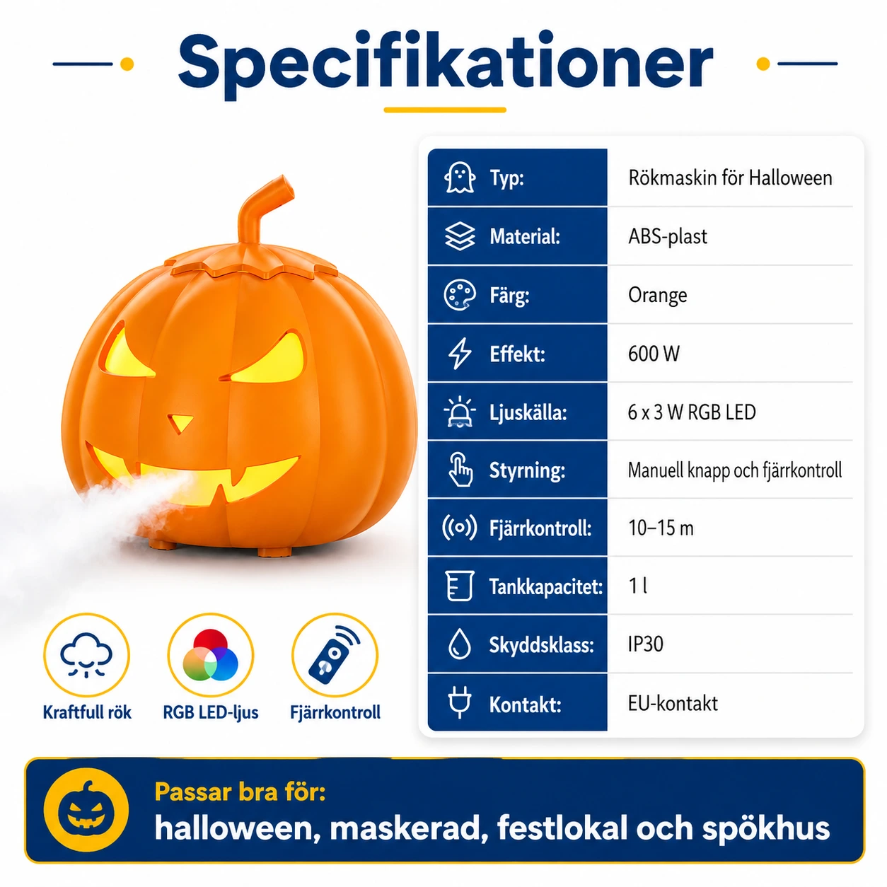 Pumpa rökmaskin för halloween med RGB-belysning