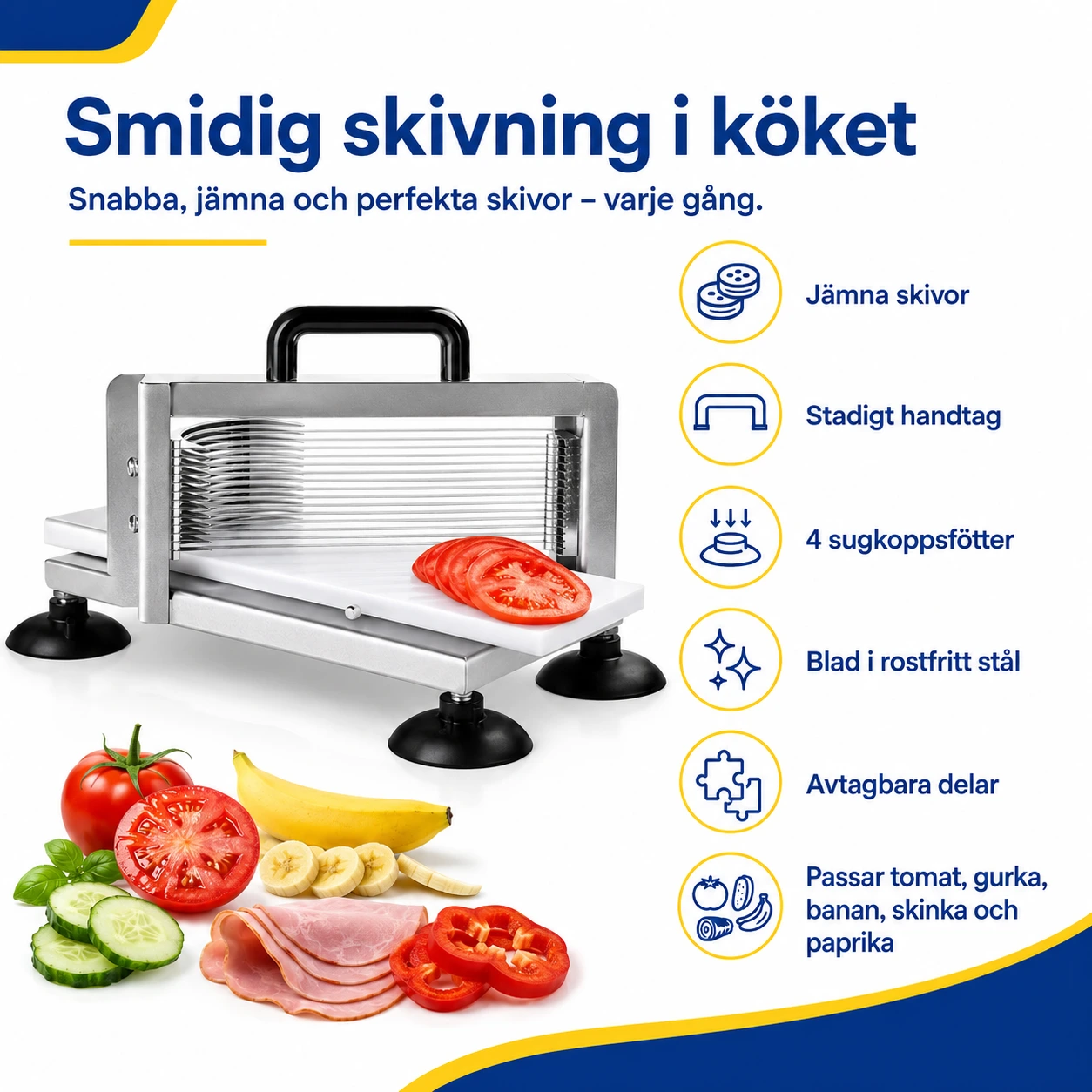 Manuaalinen tomaattileikkuri ruostumattomasta teräksestä imukuppijaloilla