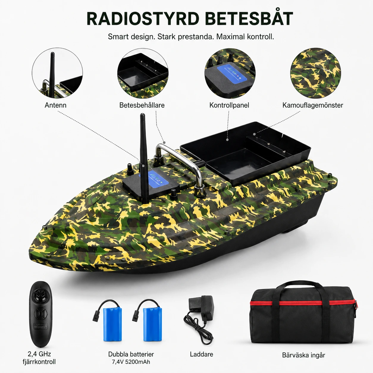 Radiostyrd betesbåt för karpfiske med fjärrkontroll