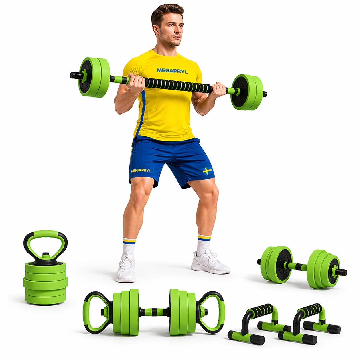 4-i-1 Hantelset – Justerbart med Kettlebell & Skivstång